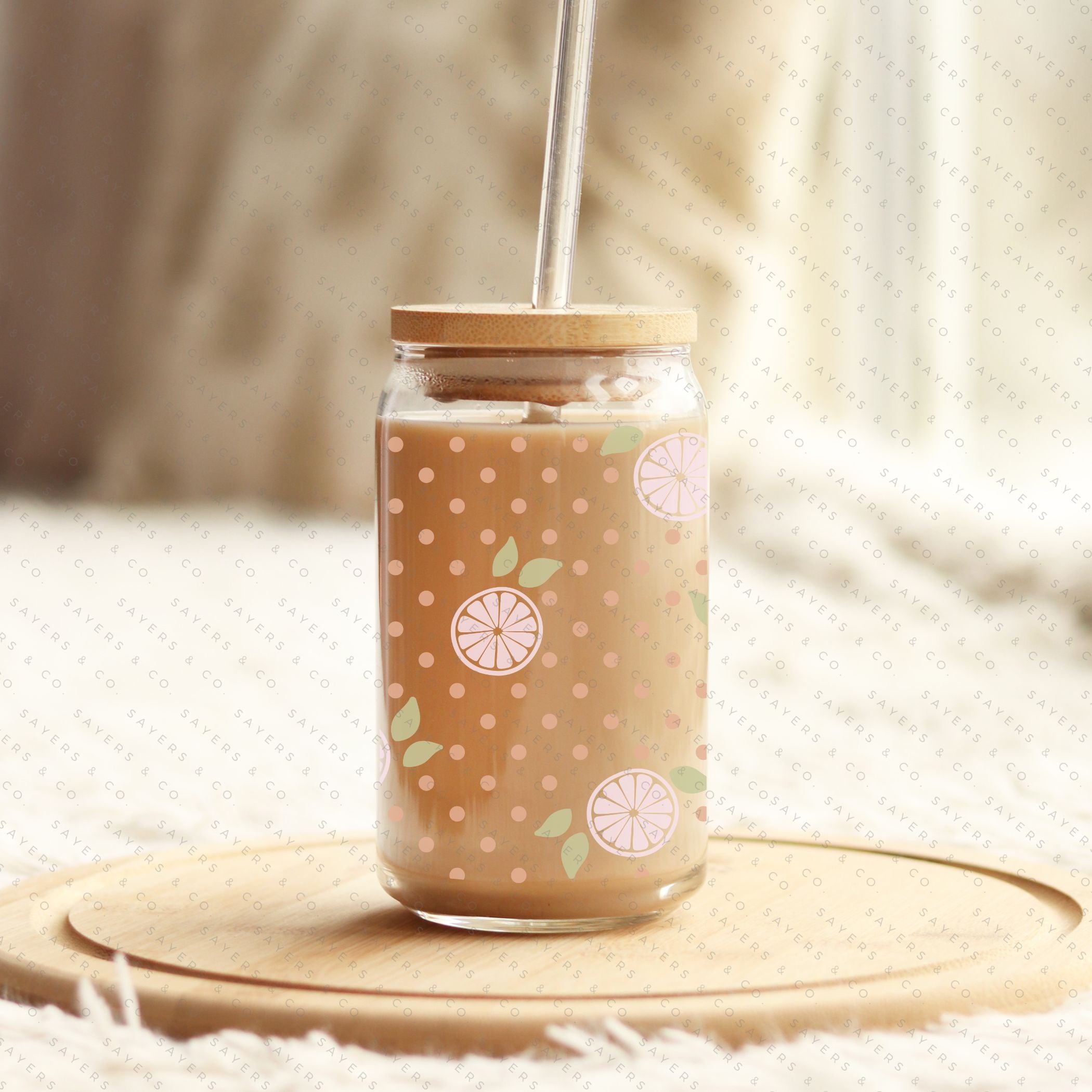 16oz Pink Lemonade Glass Cup with Bamboo Lid and Straw, showcasing a vibrant design perfect for summer drinks.