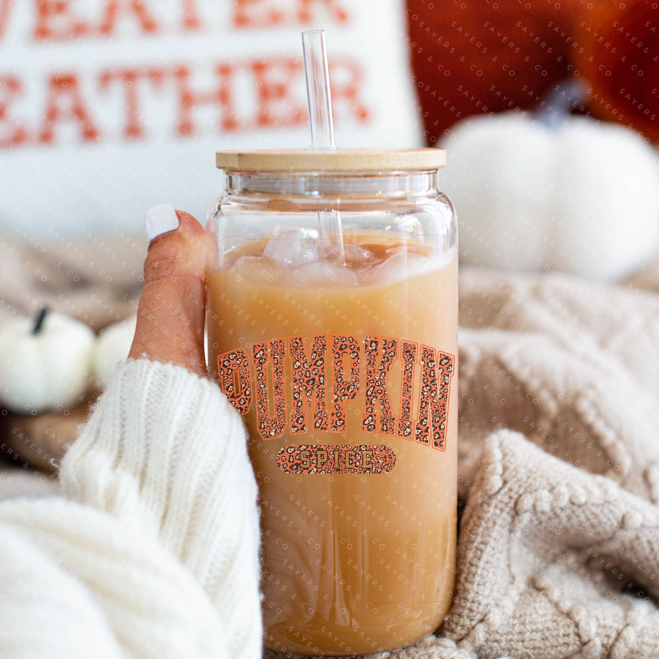 16oz Pumpkin Spice Glass Cup with Bamboo Lid and Straw, showcasing a cozy fall design perfect for seasonal beverages.