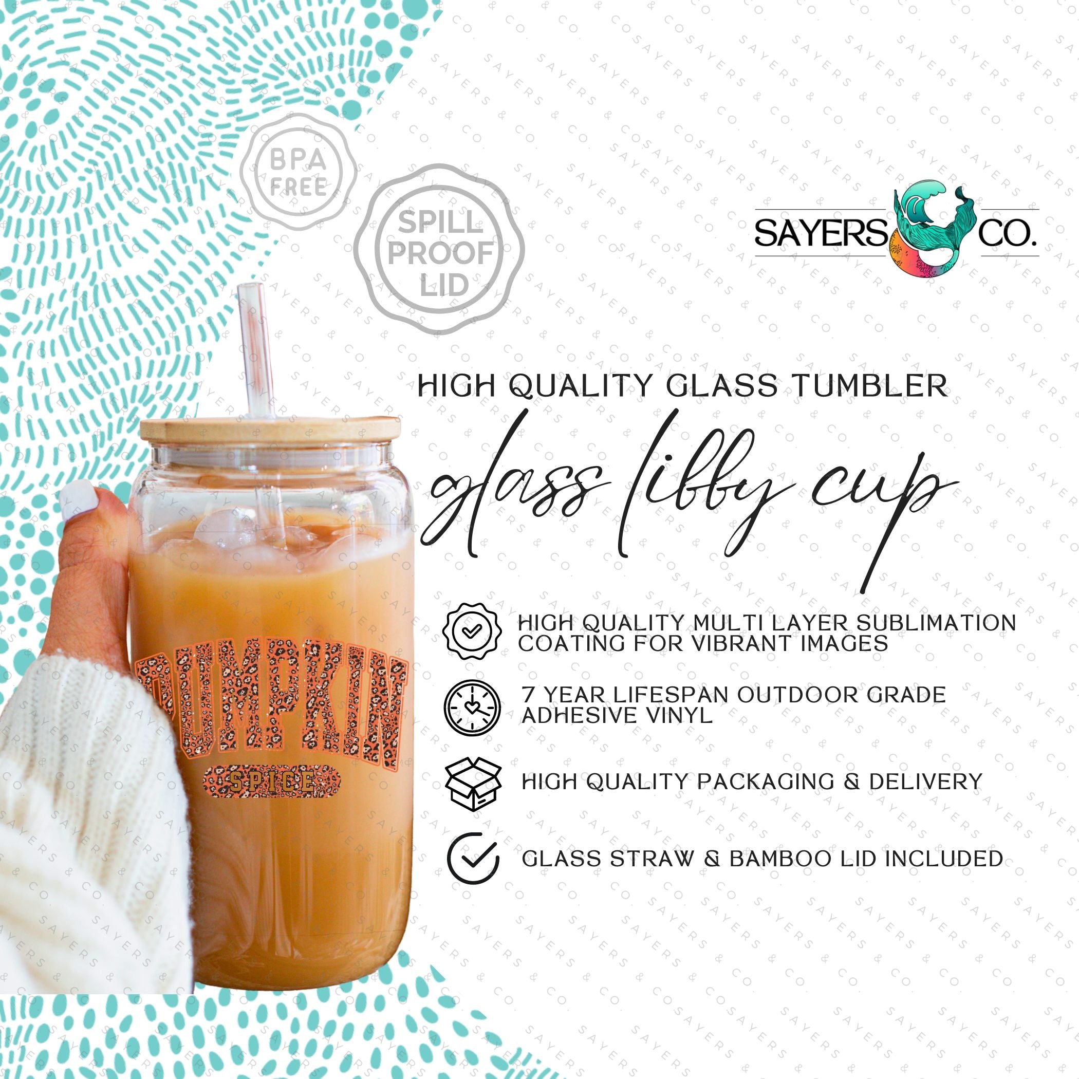 16oz Pumpkin Spice Glass Cup with Bamboo Lid and Straw, showcasing a cozy fall design perfect for seasonal beverages.