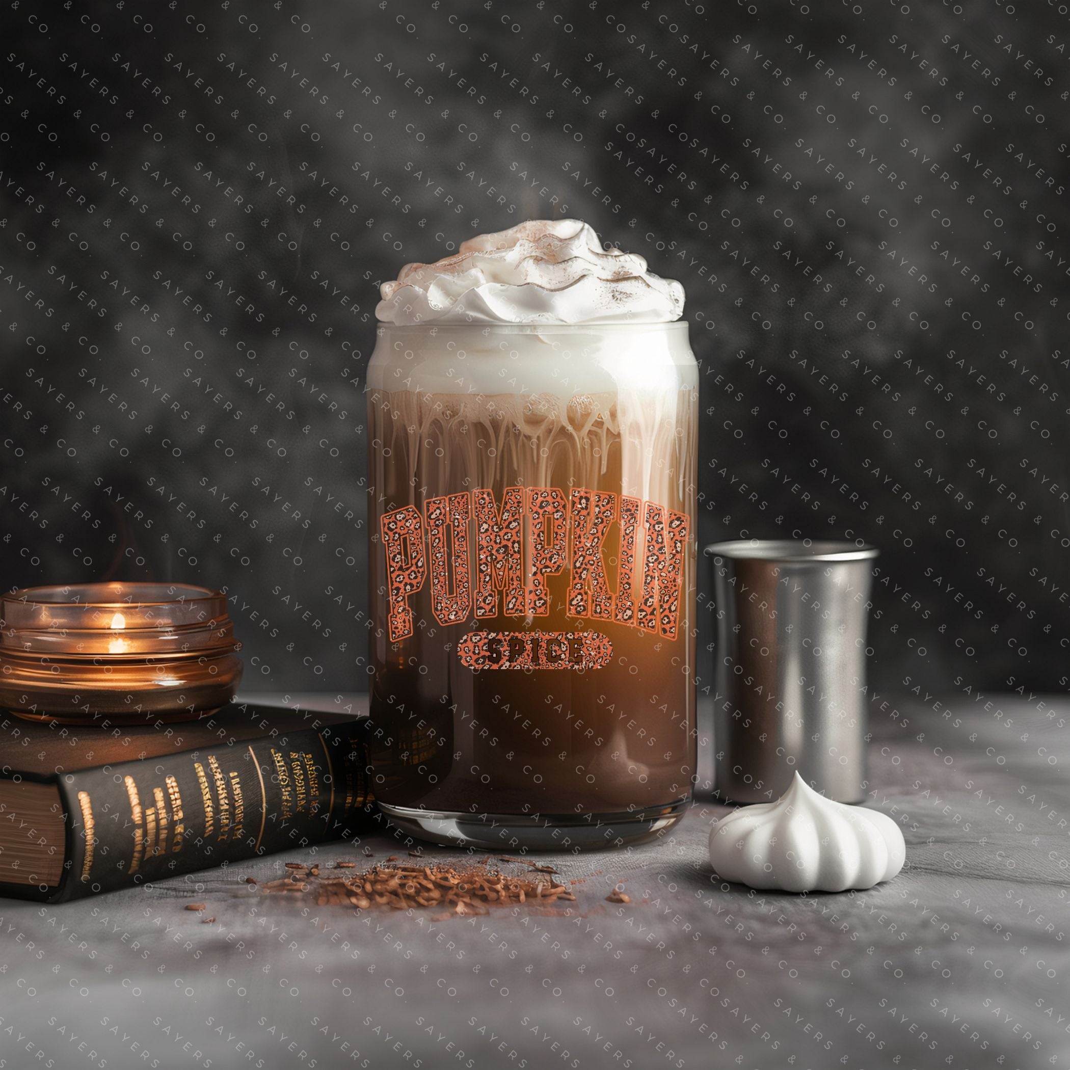 16oz Pumpkin Spice Glass Cup with Bamboo Lid and Straw, showcasing a cozy fall design perfect for seasonal beverages.