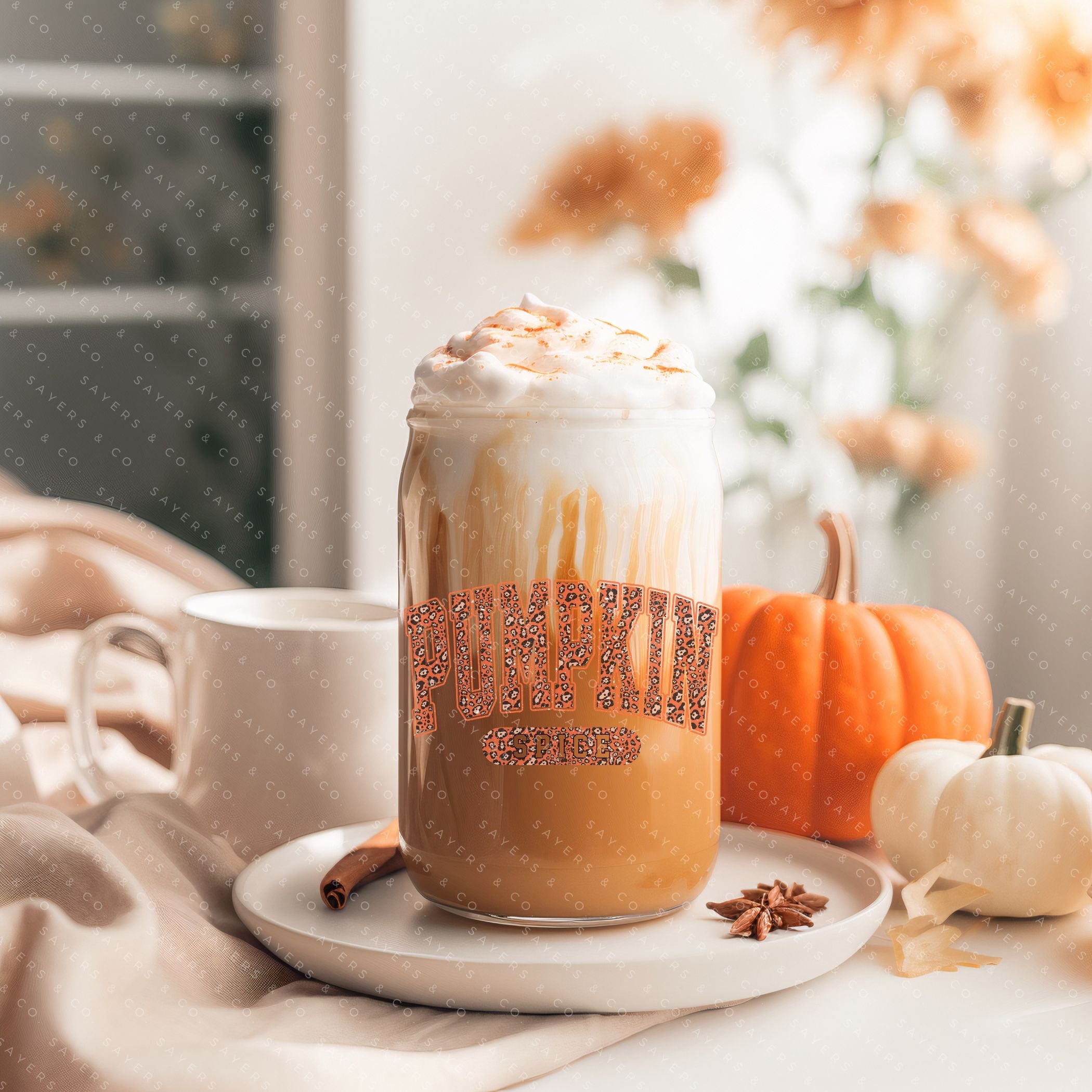 16oz Pumpkin Spice Glass Cup with Bamboo Lid and Straw, showcasing a cozy fall design perfect for seasonal beverages.