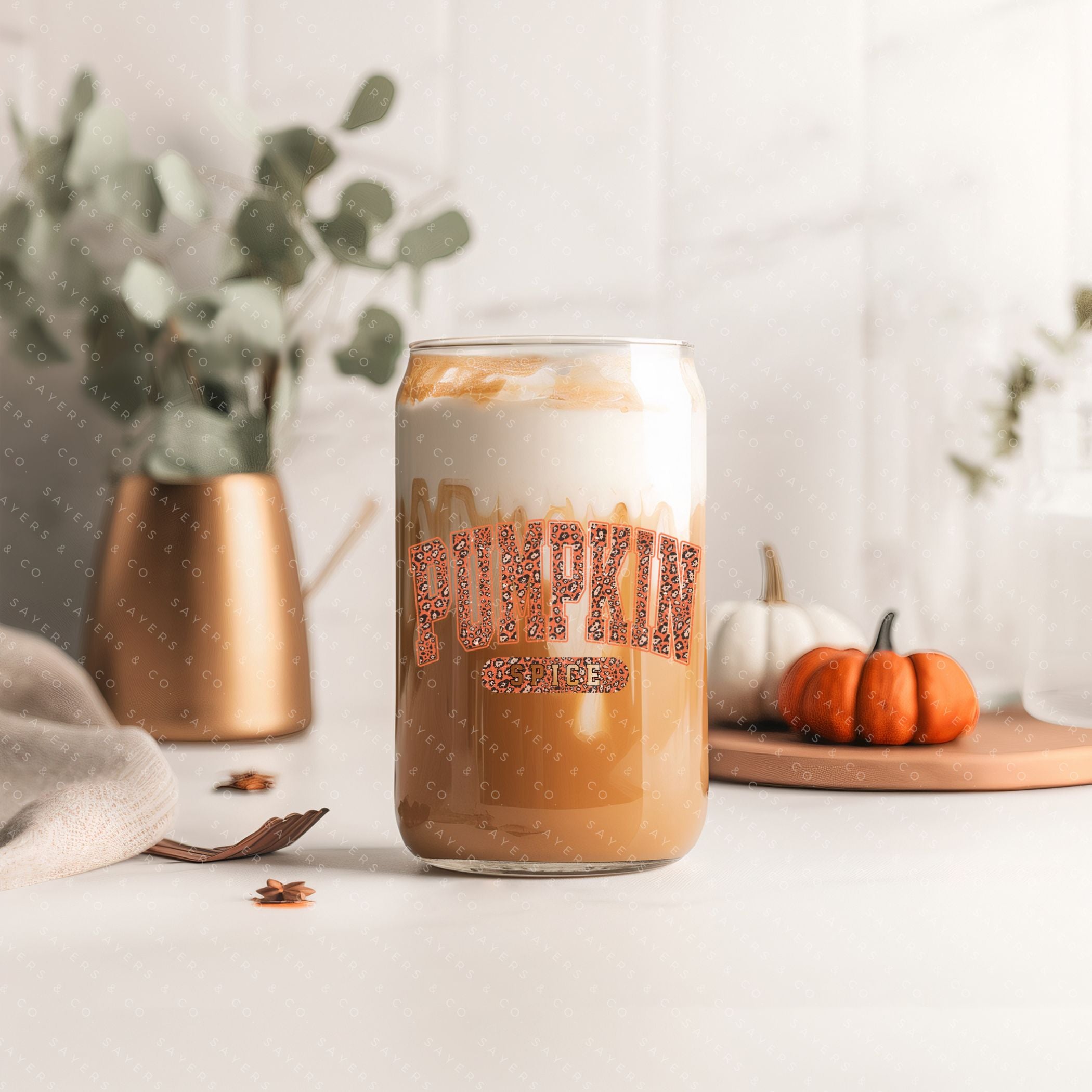 16oz Pumpkin Spice Glass Cup with Bamboo Lid and Straw, showcasing a cozy fall design perfect for seasonal beverages.