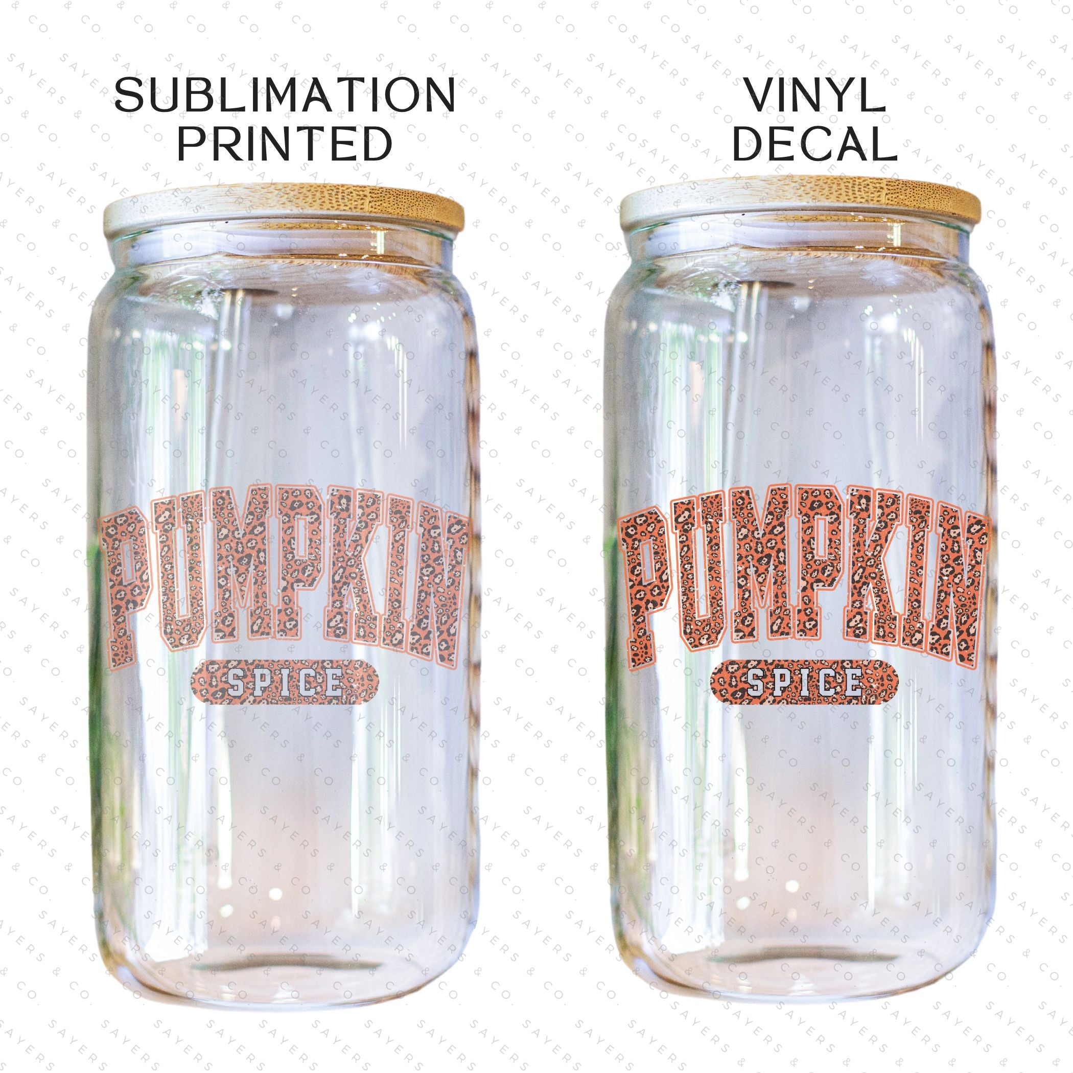 16oz Pumpkin Spice Glass Cup with Bamboo Lid and Straw, showcasing a cozy fall design perfect for seasonal beverages.