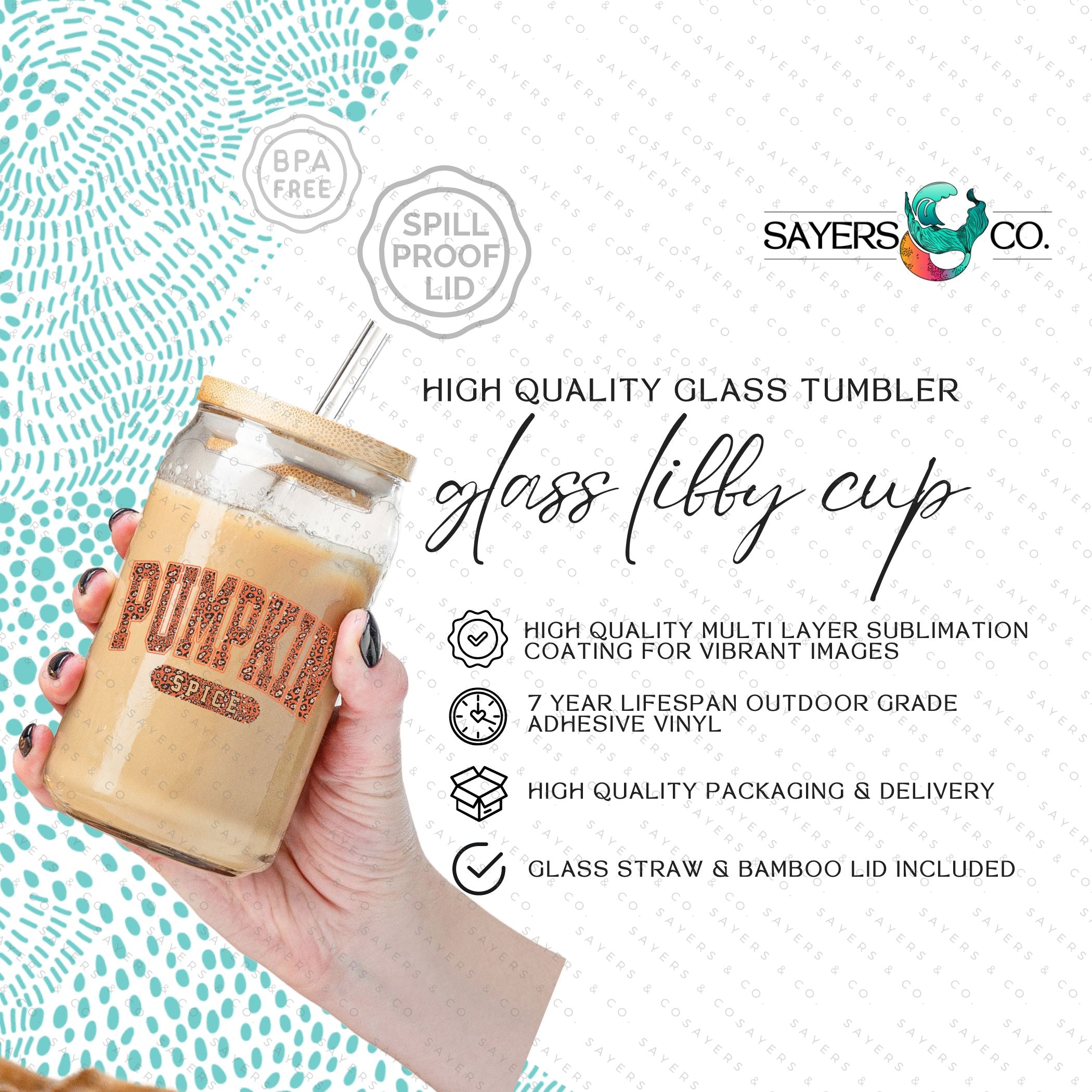 16oz Pumpkin Spice Glass Cup with Bamboo Lid and Straw, showcasing a cozy fall design perfect for seasonal beverages.