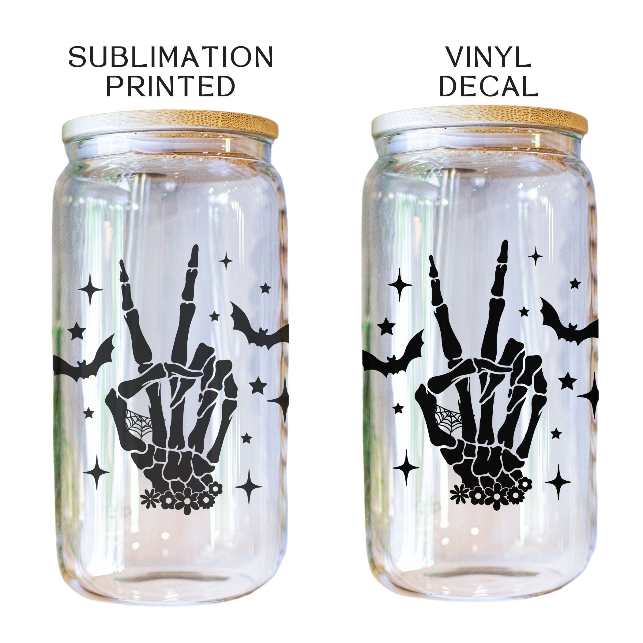 16oz Skeleton Peace Sign Glass Cup featuring a bamboo lid and straw, perfect for Halloween and everyday use.