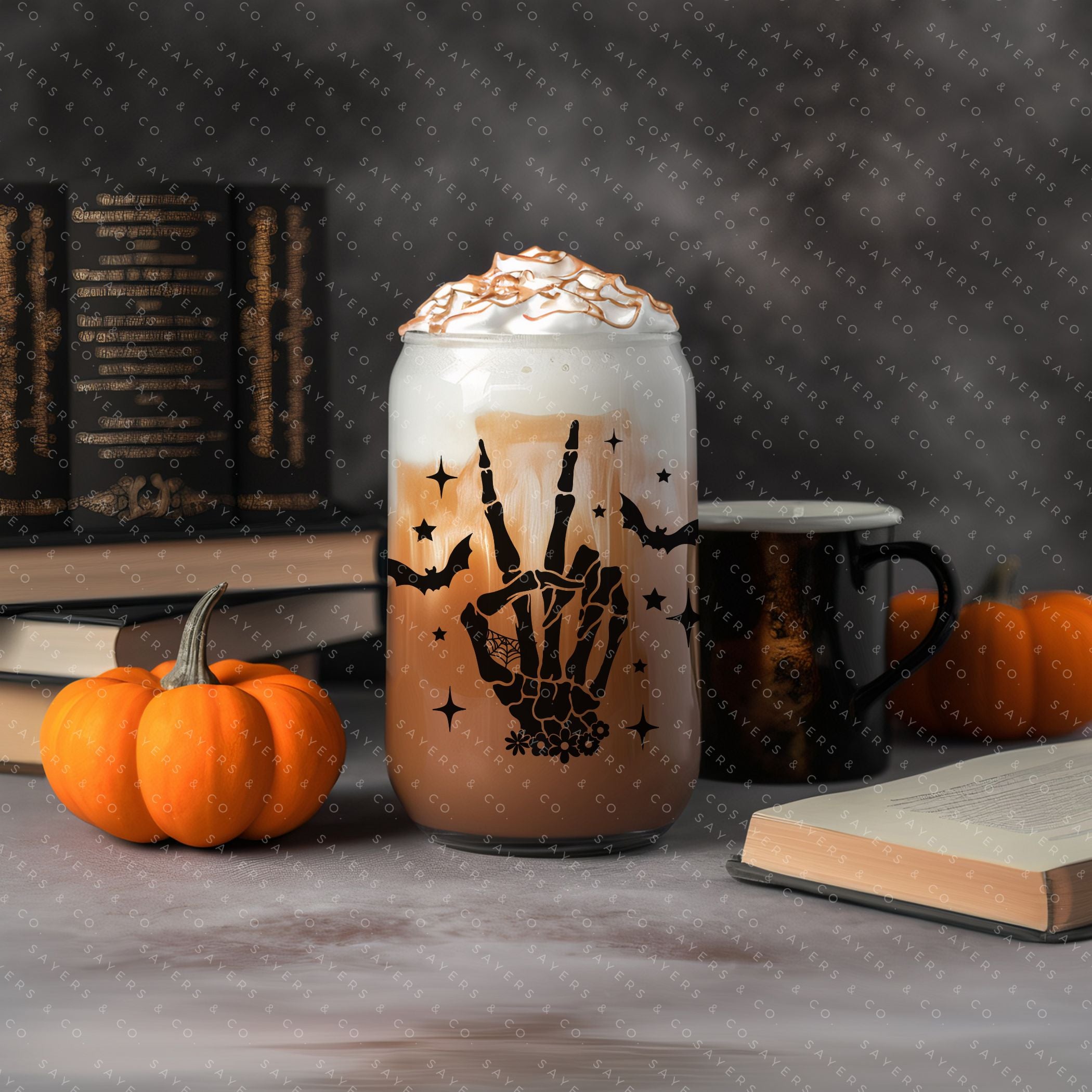16oz Skeleton Peace Sign Glass Cup featuring a bamboo lid and straw, perfect for Halloween and everyday use.