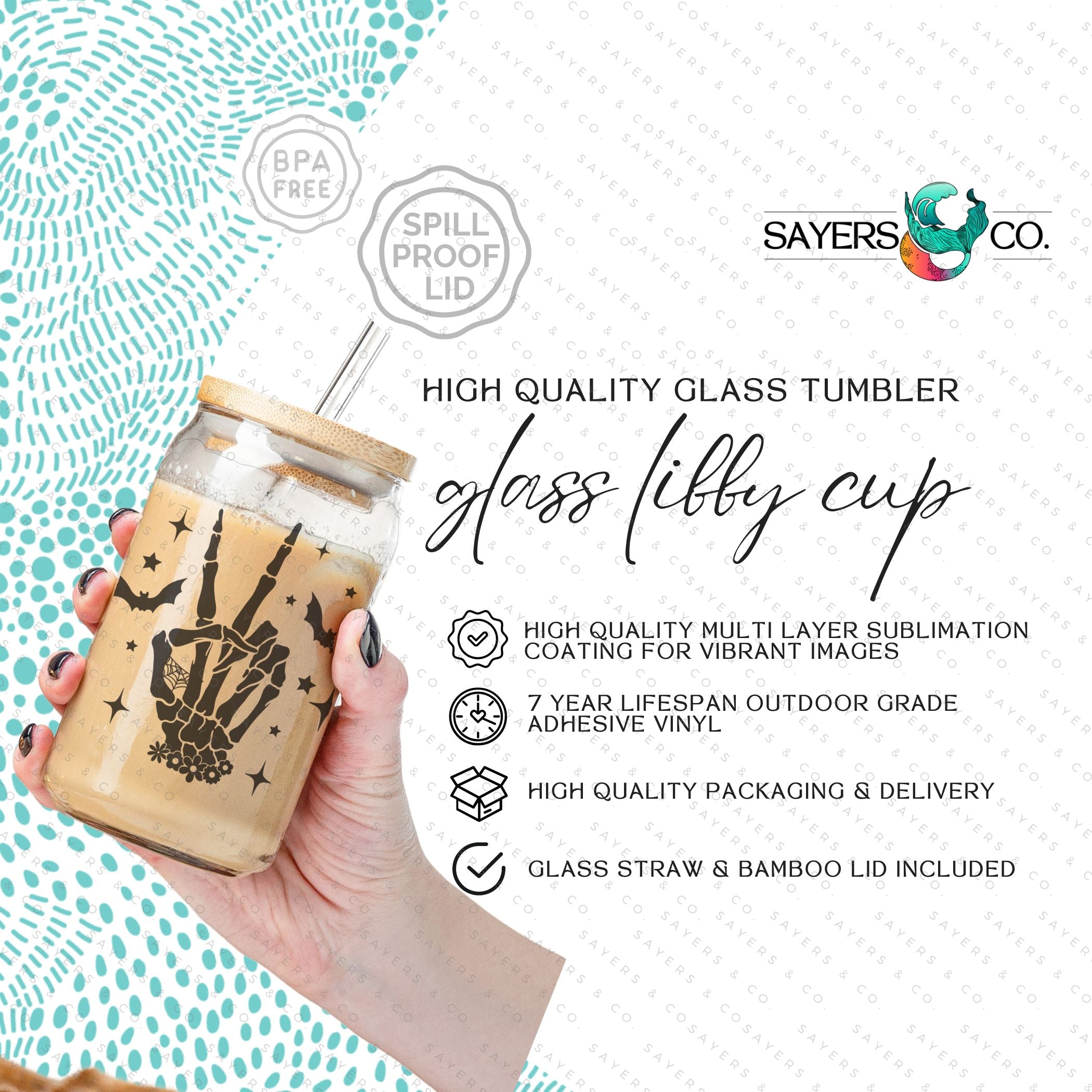 16oz Skeleton Peace Sign Glass Cup featuring a bamboo lid and straw, perfect for Halloween and everyday use.