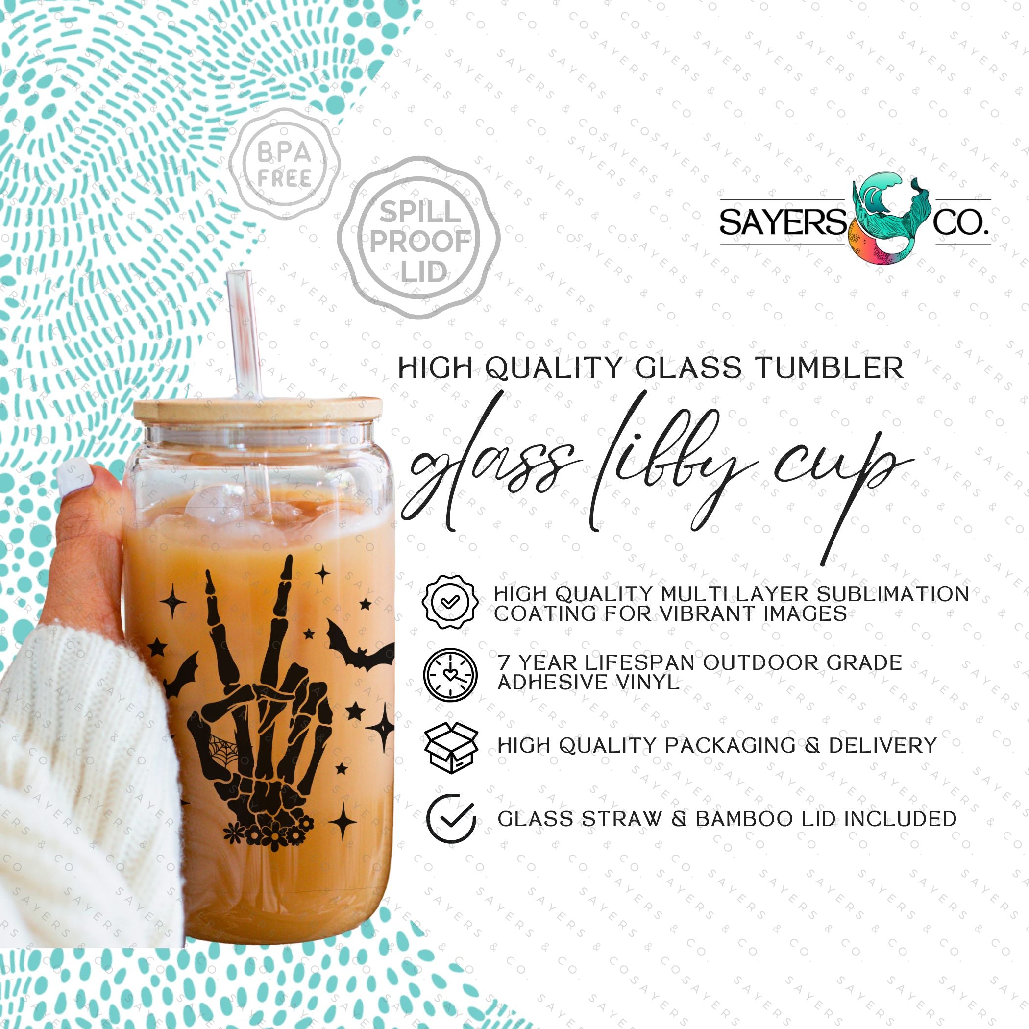 16oz Skeleton Peace Sign Glass Cup featuring a bamboo lid and straw, perfect for Halloween and everyday use.