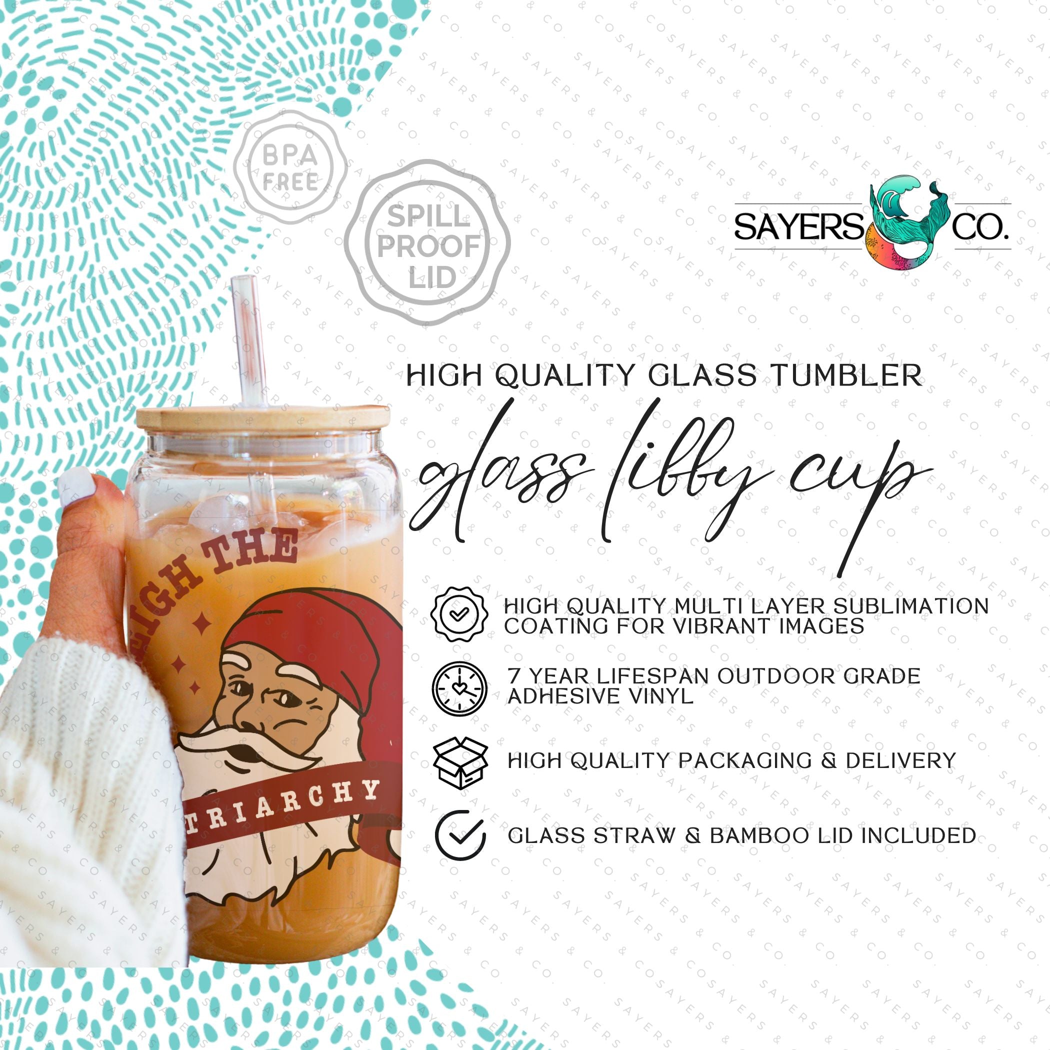 16oz Sleigh The Patriarchy Glass Cup with bamboo lid and straw, showcasing a fun design perfect for beverages.
