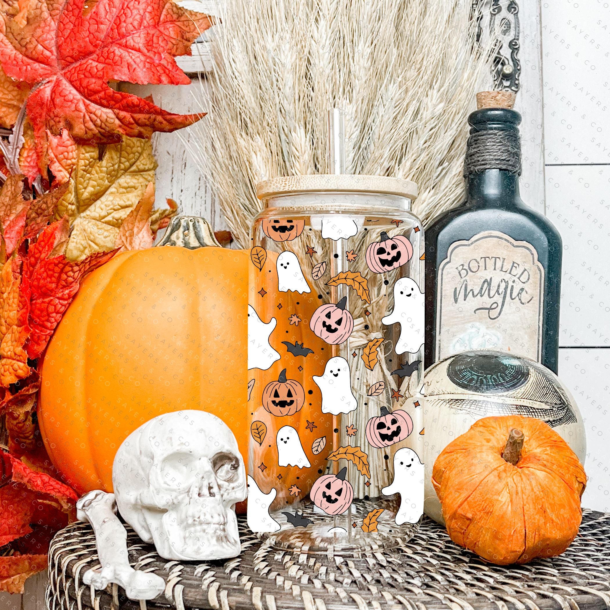 16oz Spookalicious Glass Cup with Bamboo Lid and Straw, featuring a fun Halloween design perfect for drinks.