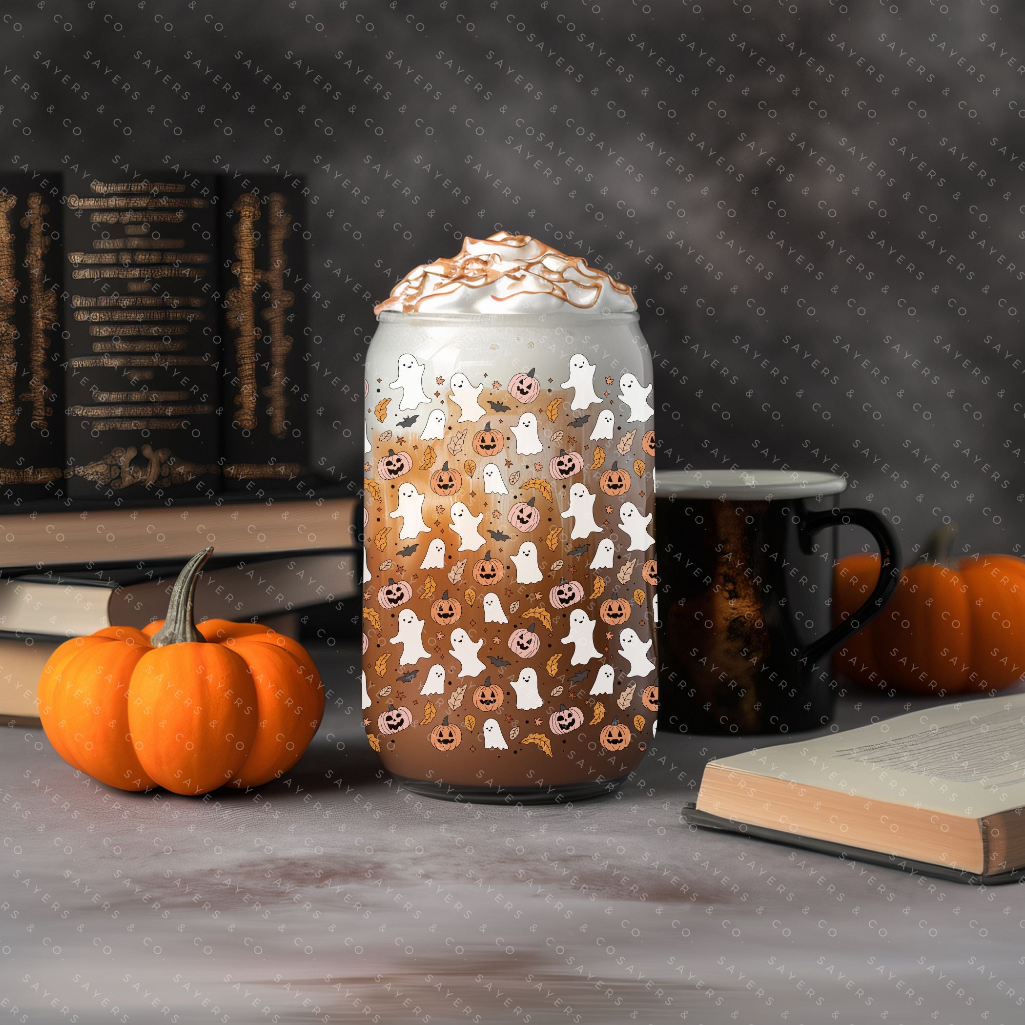16oz Spookalicious Glass Cup with Bamboo Lid and Straw, featuring a fun Halloween design perfect for drinks.