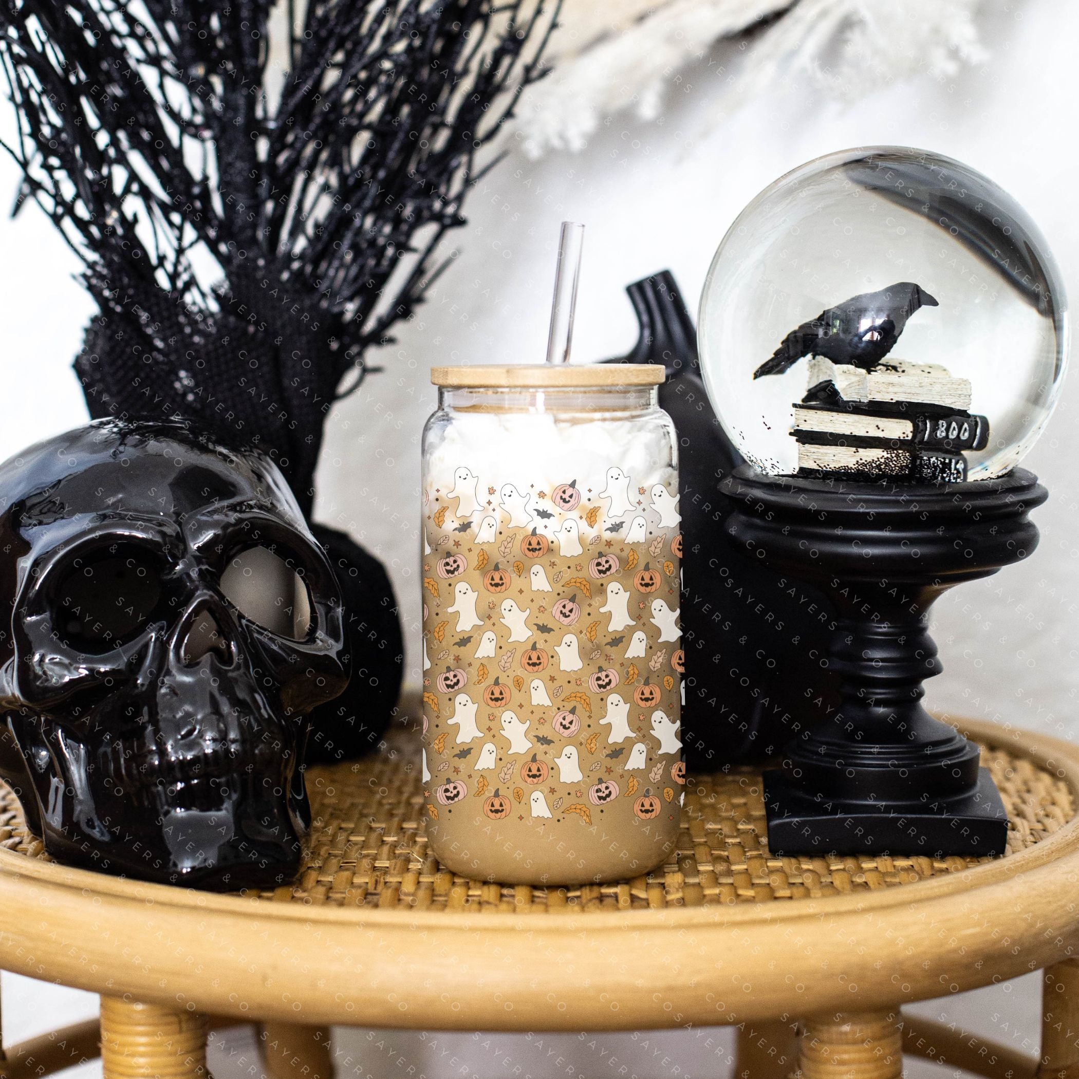 16oz Spookalicious Glass Cup with Bamboo Lid and Straw, featuring a fun Halloween design perfect for drinks.