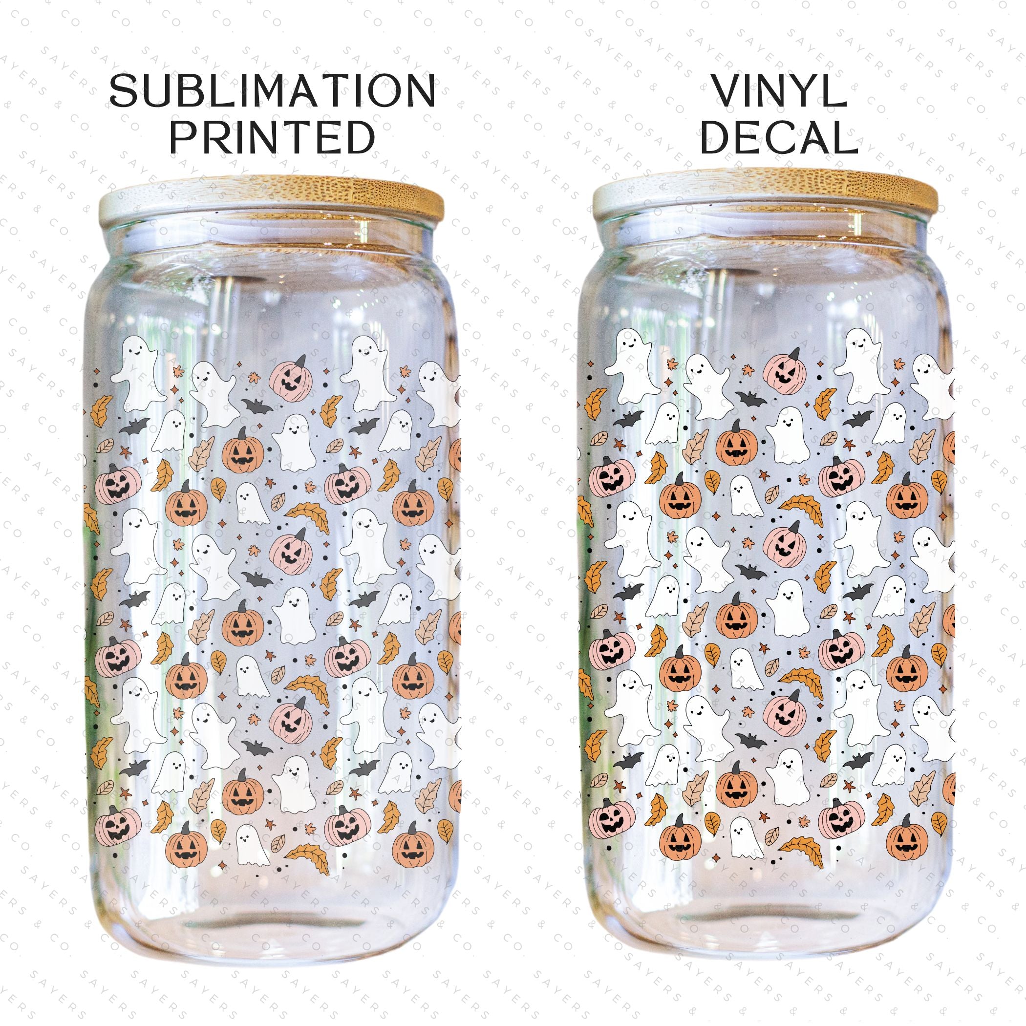 16oz Spookalicious Glass Cup with Bamboo Lid and Straw, featuring a fun Halloween design perfect for drinks.