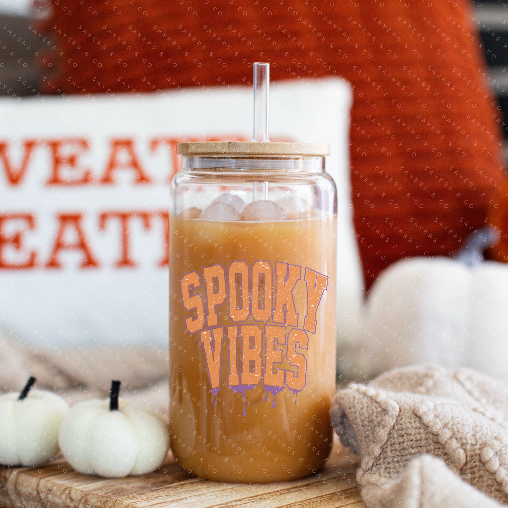 16oz Spooky Vibes Retro Glass Cup with bamboo lid and straw, featuring a fun Halloween design, perfect for seasonal drinks.