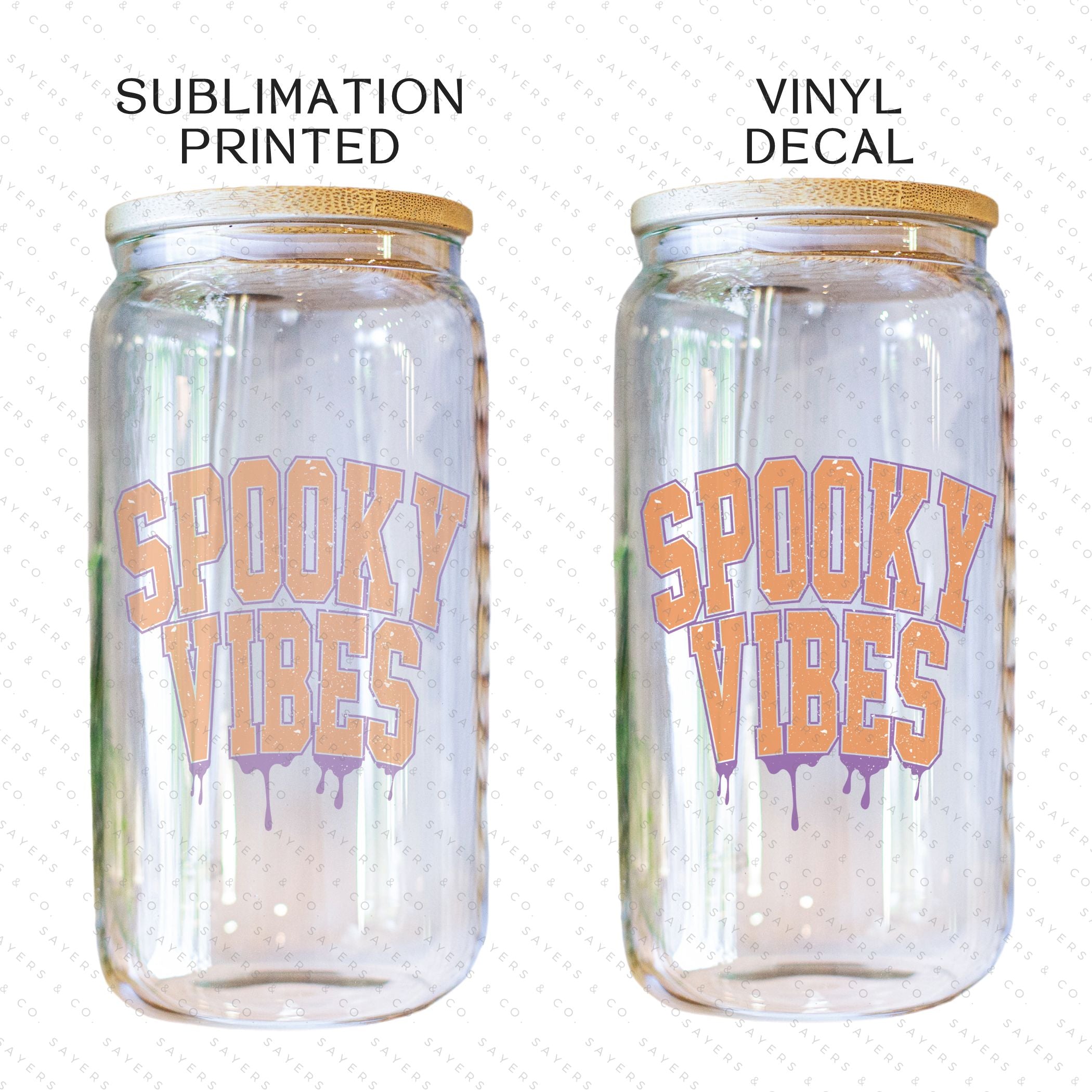 16oz Spooky Vibes Retro Glass Cup with bamboo lid and straw, featuring a fun Halloween design, perfect for seasonal drinks.