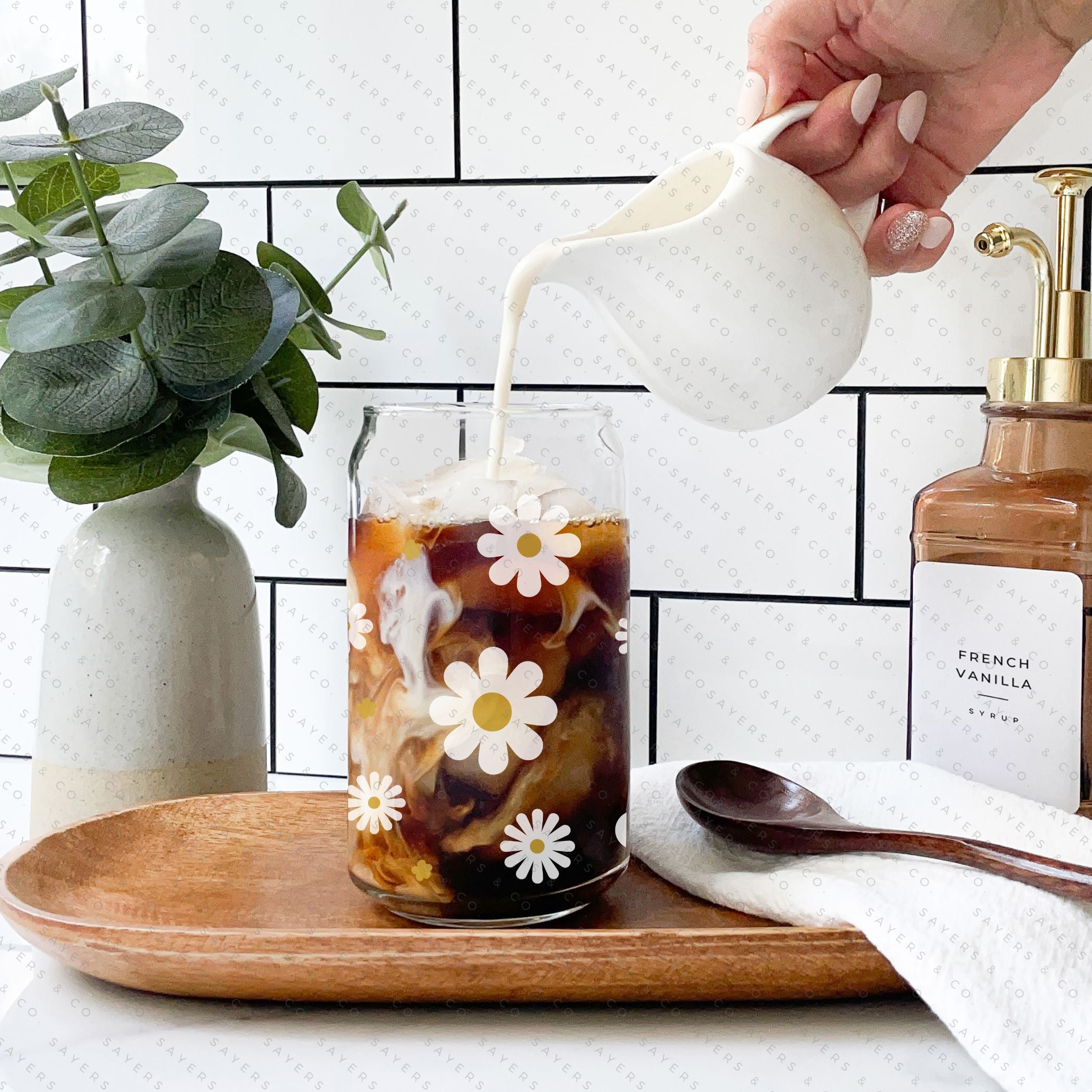 16oz Spring Flowers Glass Cup featuring a bamboo lid and straw, adorned with vibrant floral designs, perfect for spring beverages.