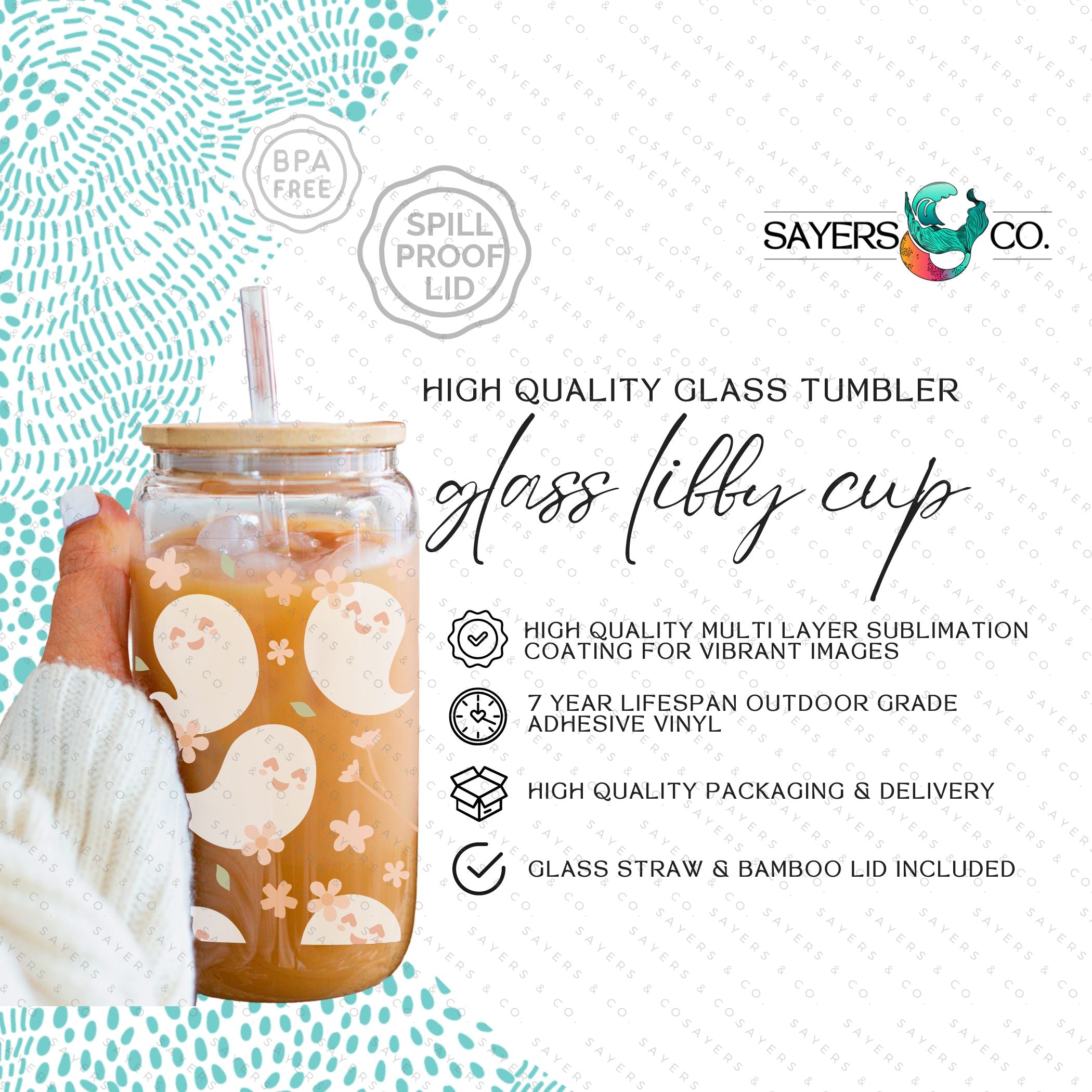 16oz Spring Ghosts Glass Cup with Bamboo Lid and Straw, featuring a whimsical spring design perfect for various beverages.