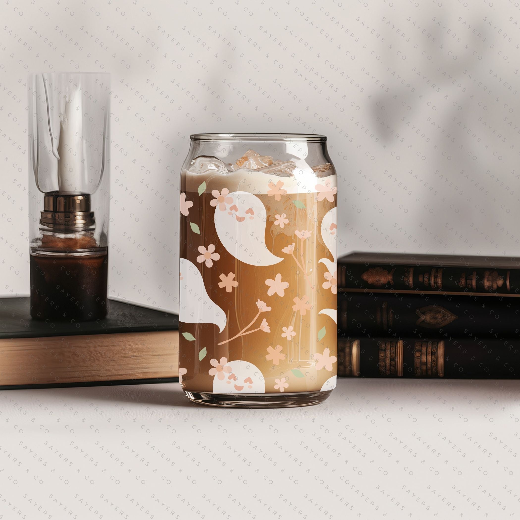 16oz Spring Ghosts Glass Cup with Bamboo Lid and Straw, featuring a whimsical spring design perfect for various beverages.