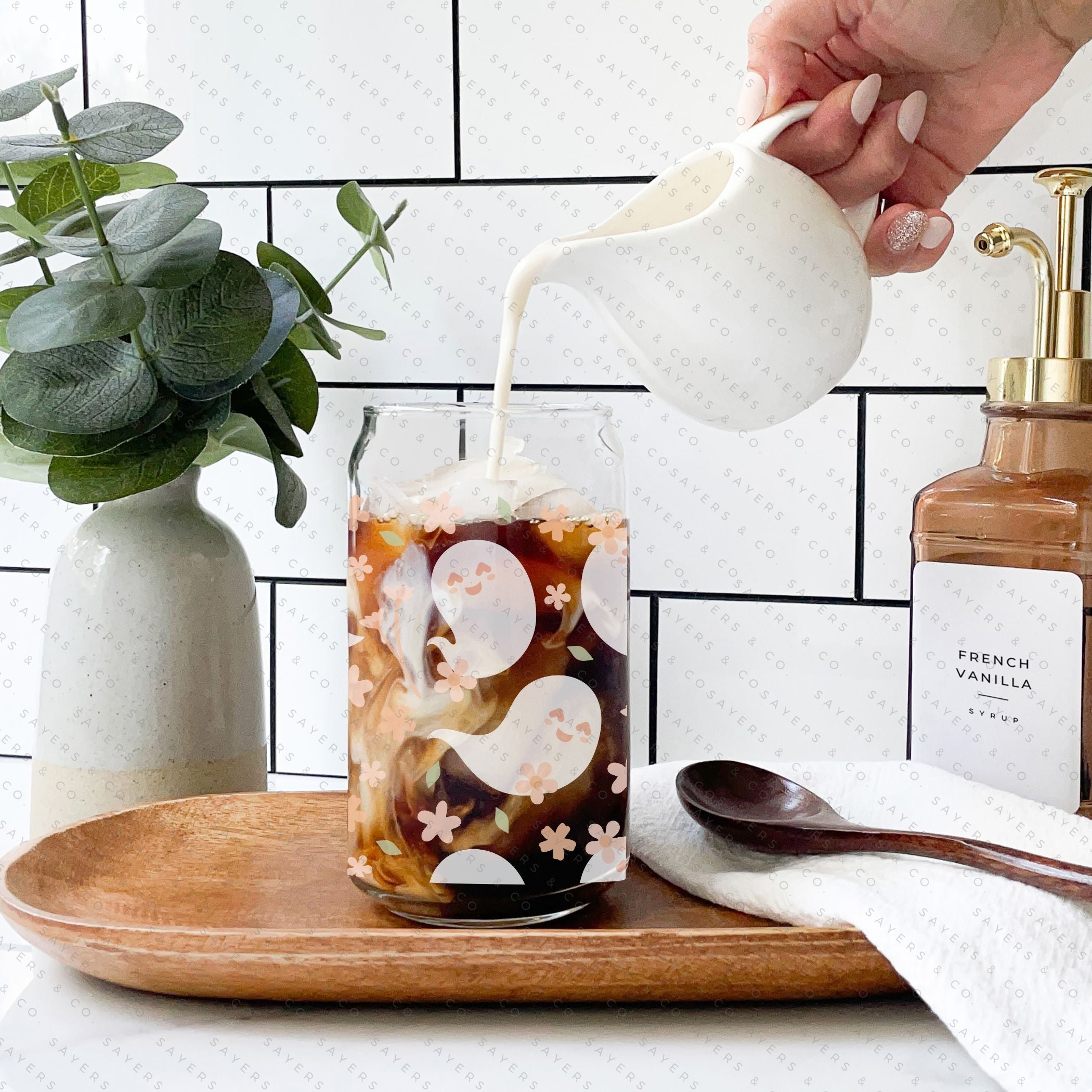 16oz Spring Ghosts Glass Cup with Bamboo Lid and Straw, featuring a whimsical spring design perfect for various beverages.