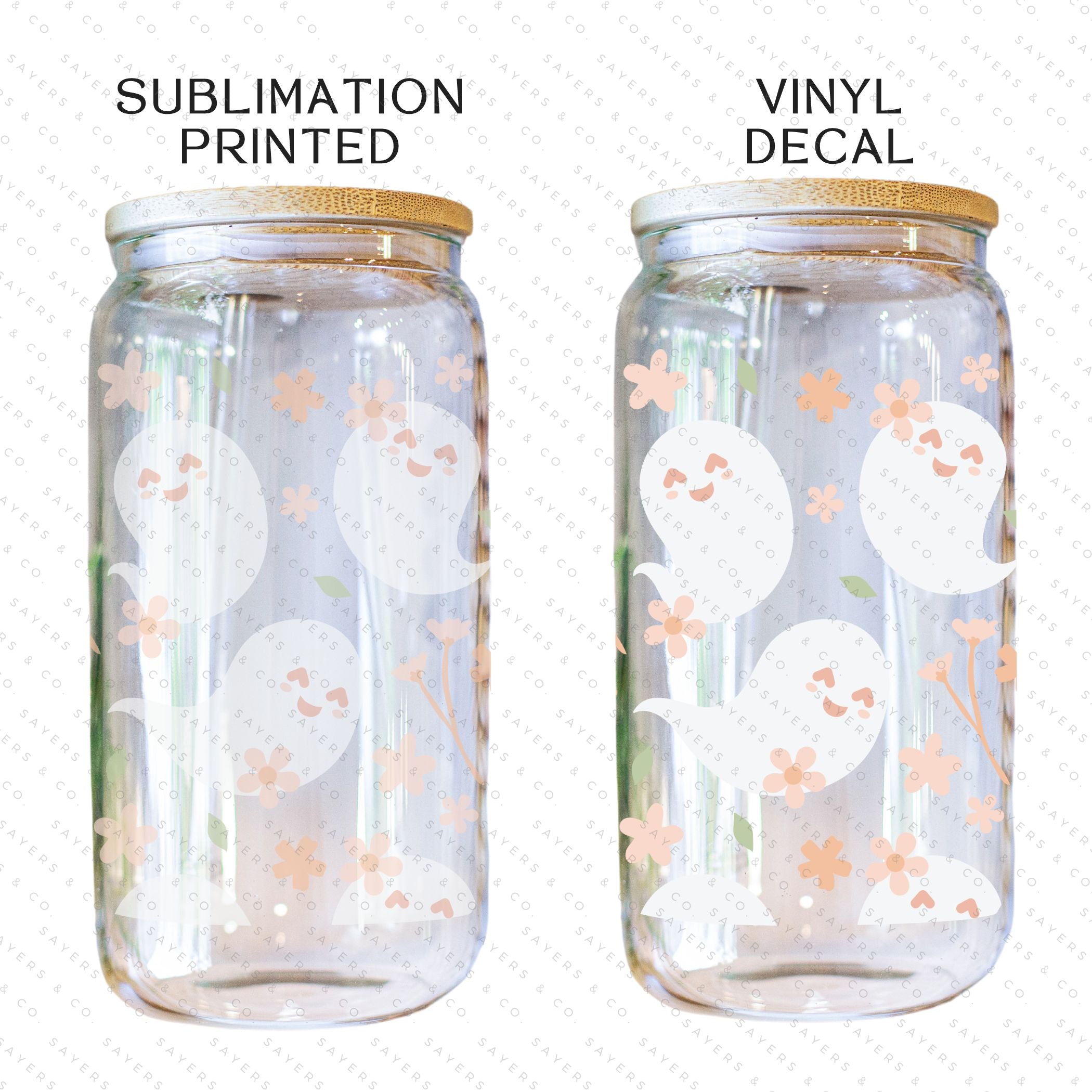 16oz Spring Ghosts Glass Cup with Bamboo Lid and Straw, featuring a whimsical spring design perfect for various beverages.