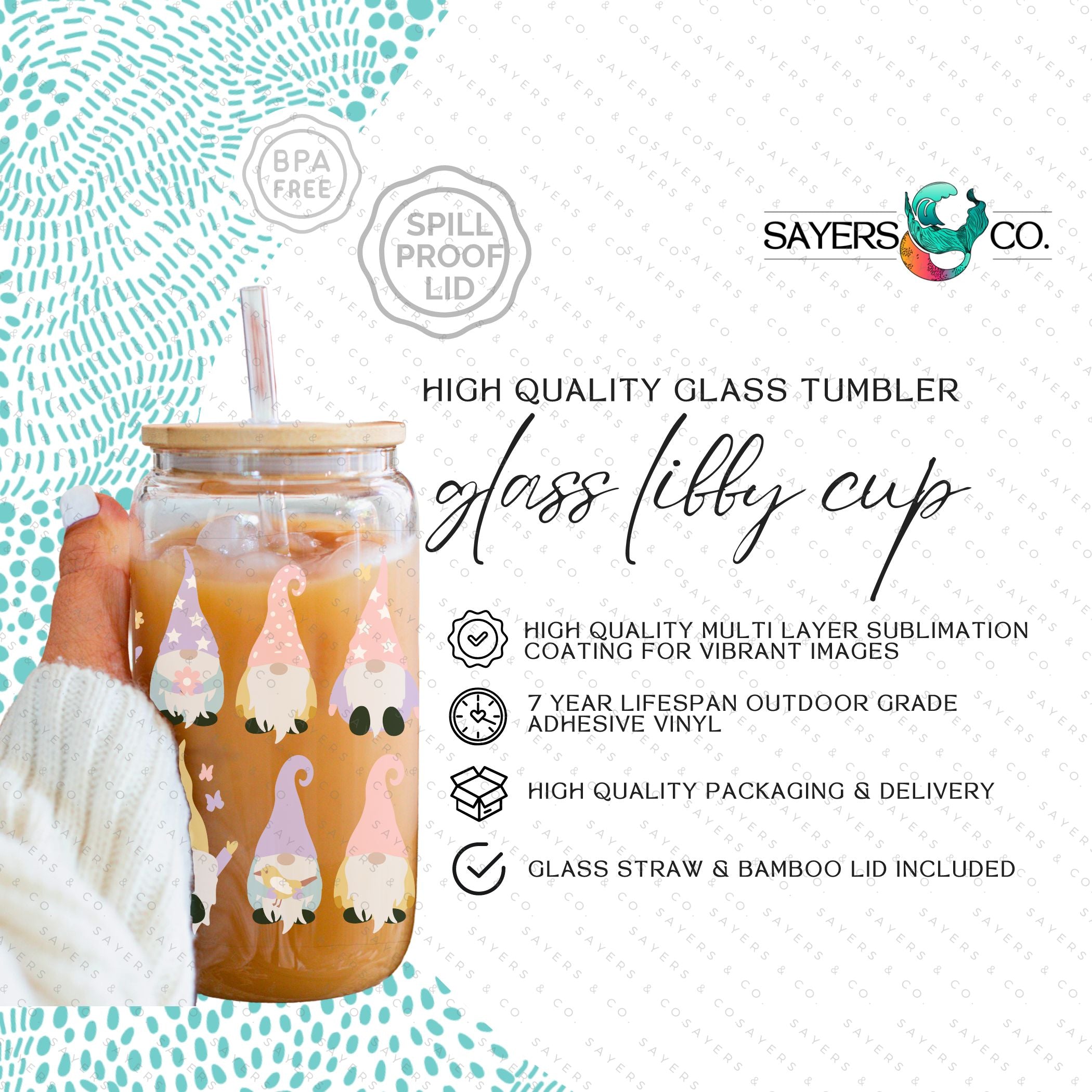 A 16oz clear glass cup featuring a whimsical spring gnome design, complete with a bamboo lid and a clear plastic straw, perfect for various beverages.