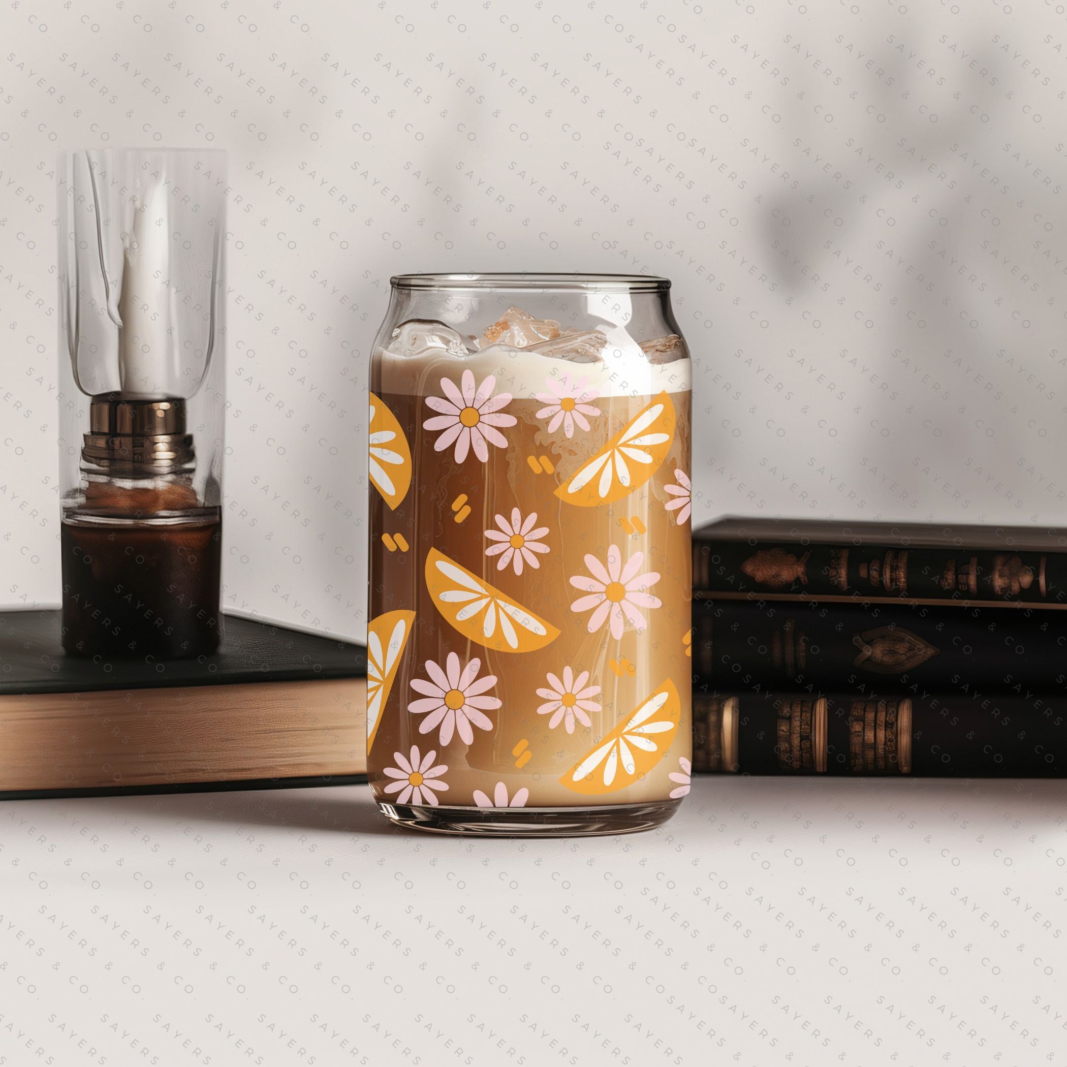 16oz Spring Squeeze The Day Glass Cup with bamboo lid and straw, showcasing a vibrant floral design perfect for spring.