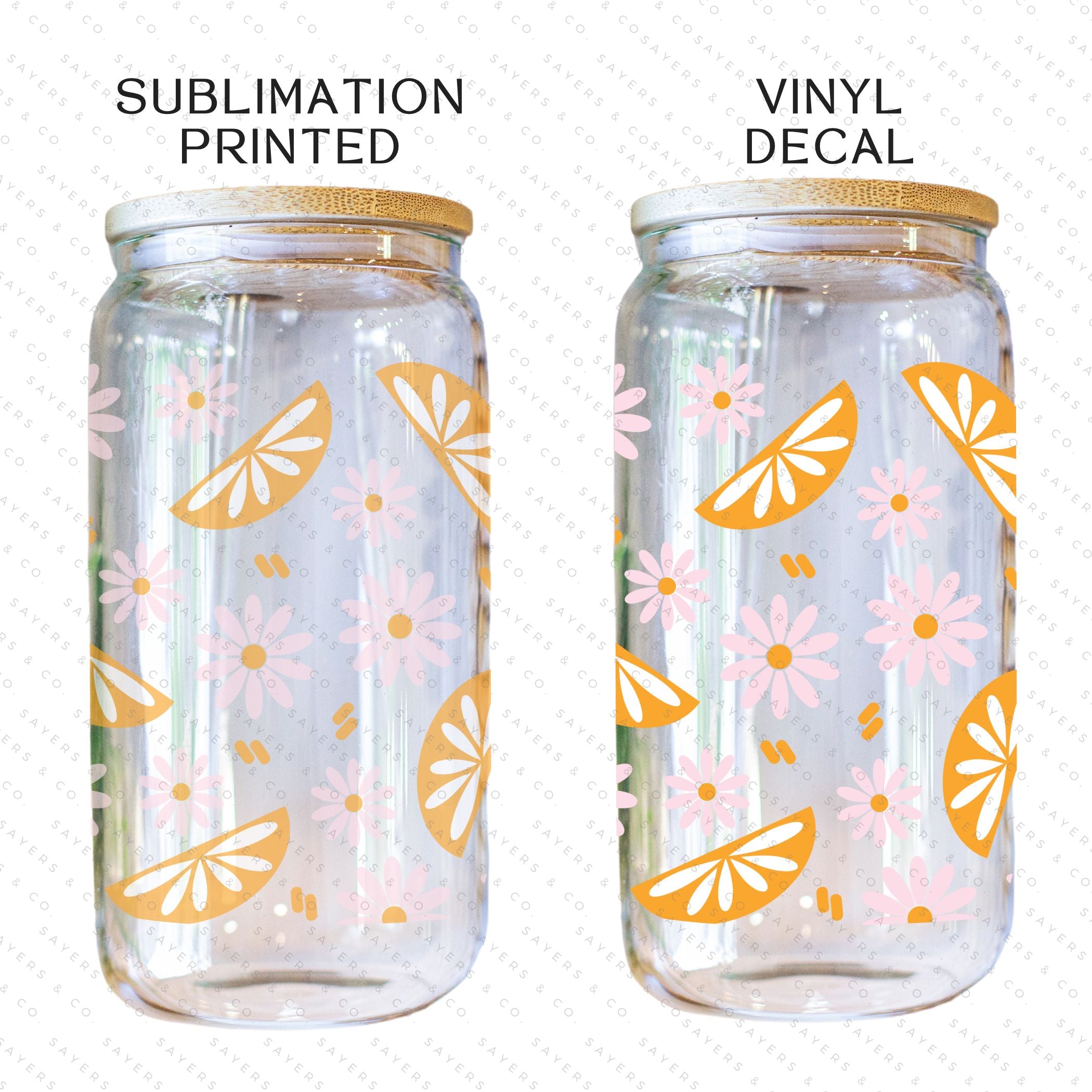 16oz Spring Squeeze The Day Glass Cup with bamboo lid and straw, showcasing a vibrant floral design perfect for spring.