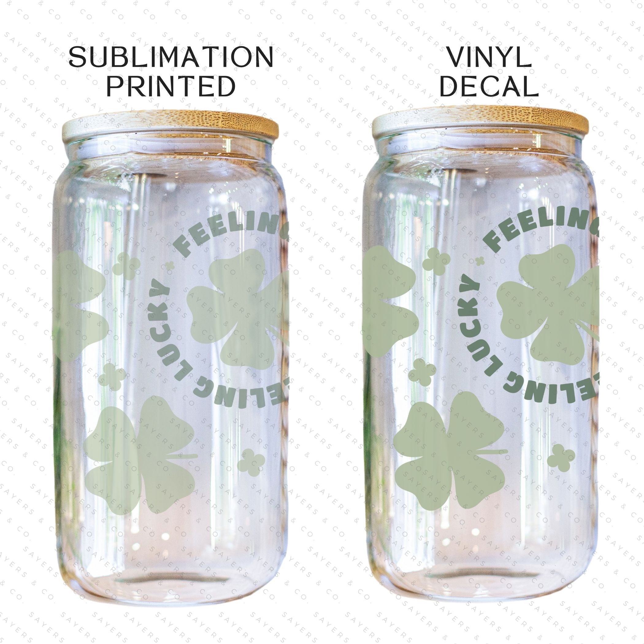 16oz St. Patrick's Day Feeling Lucky Shamrock Glass Cup featuring a bamboo lid and straw, perfect for festive drinks.