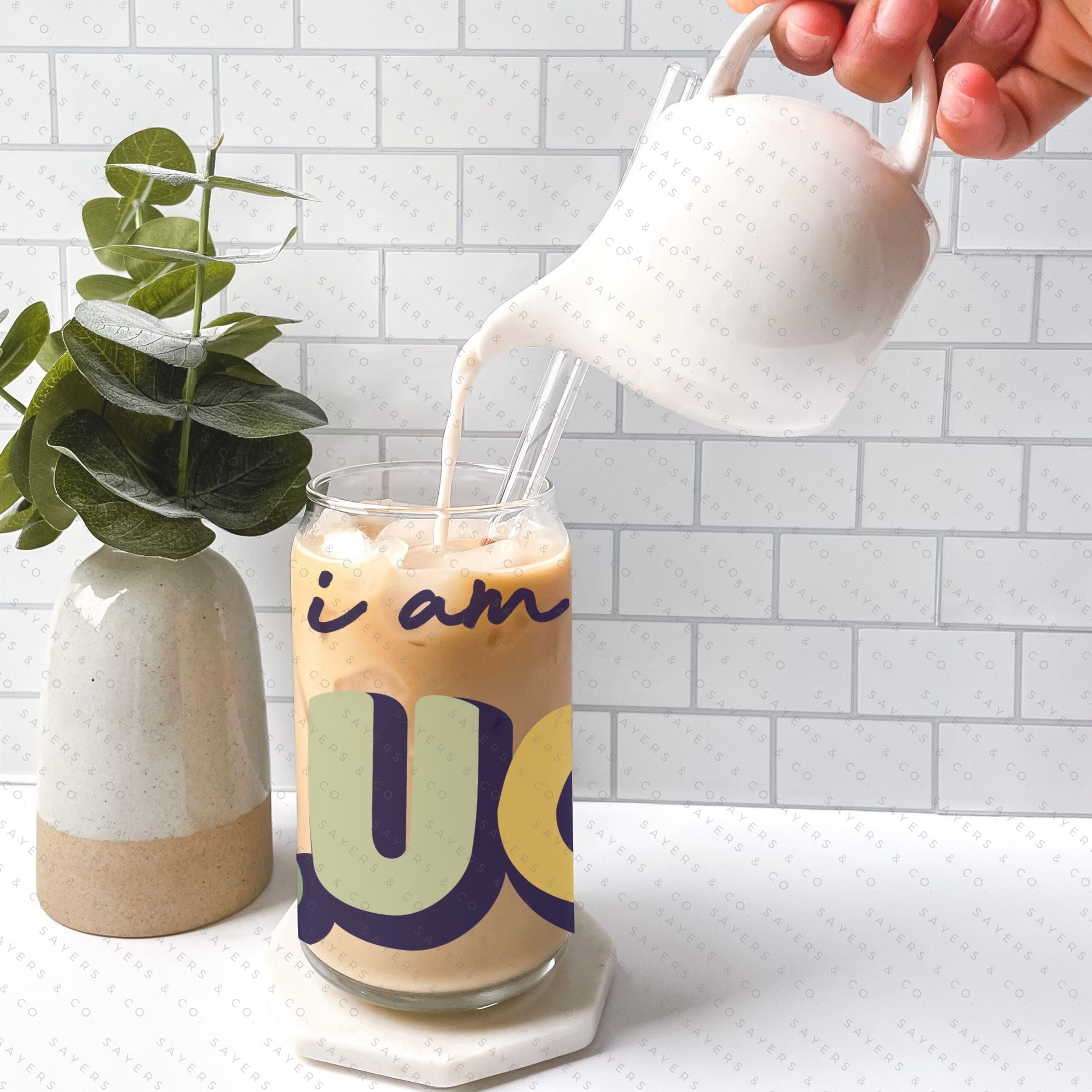 16oz St. Patrick's Day glass cup with bamboo lid and straw, featuring a fun 'I Am So Lucky' design, perfect for festive drinks.