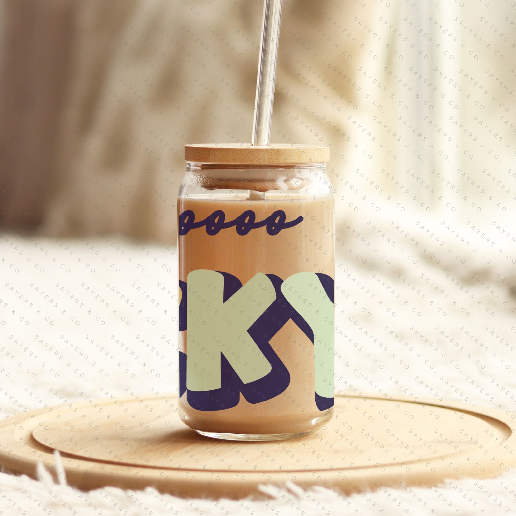 16oz St. Patrick's Day glass cup with bamboo lid and straw, featuring a fun 'I Am So Lucky' design, perfect for festive drinks.