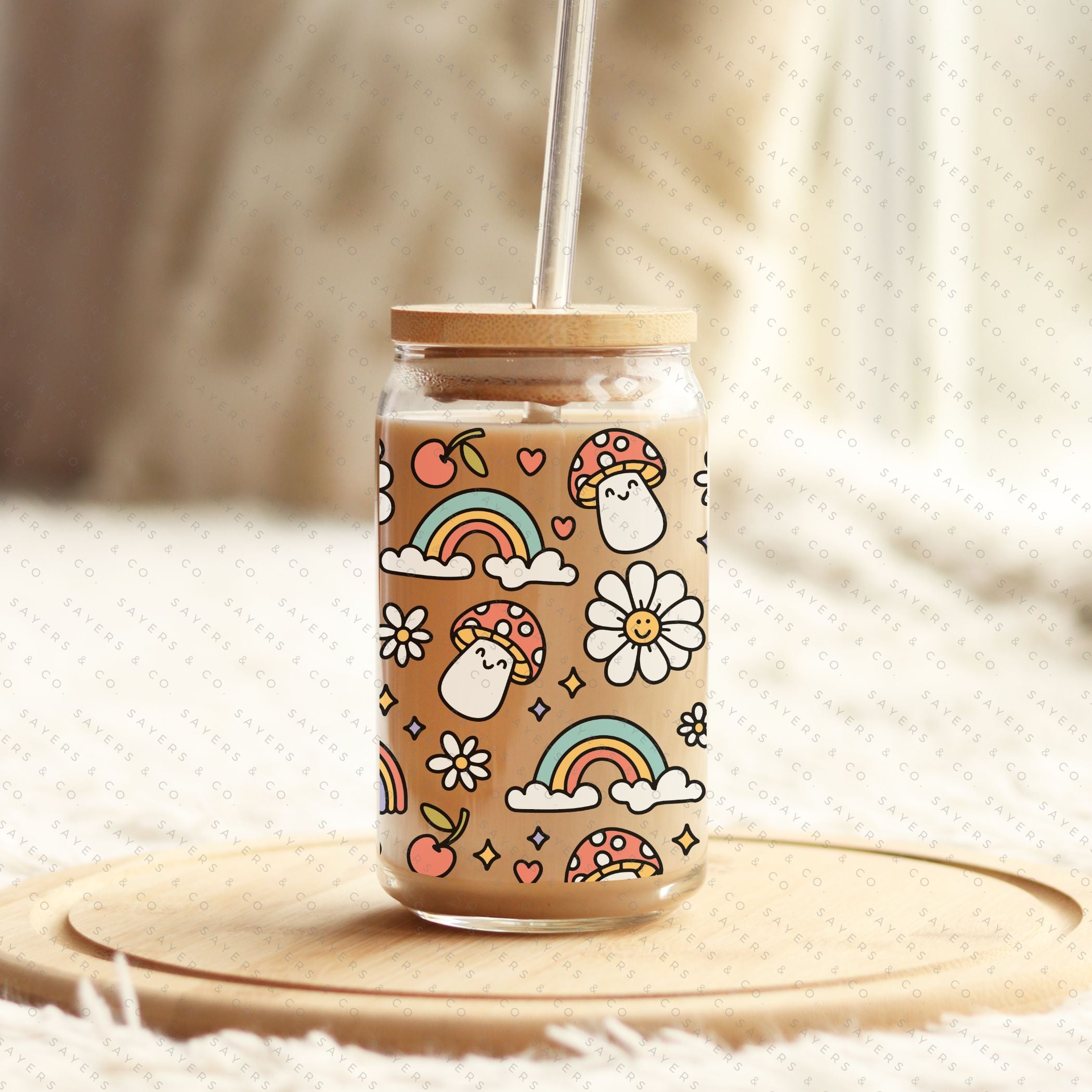 16oz Summer Groovy Glass Cup with Bamboo Lid and Straw, showcasing a colorful design perfect for summer drinks.