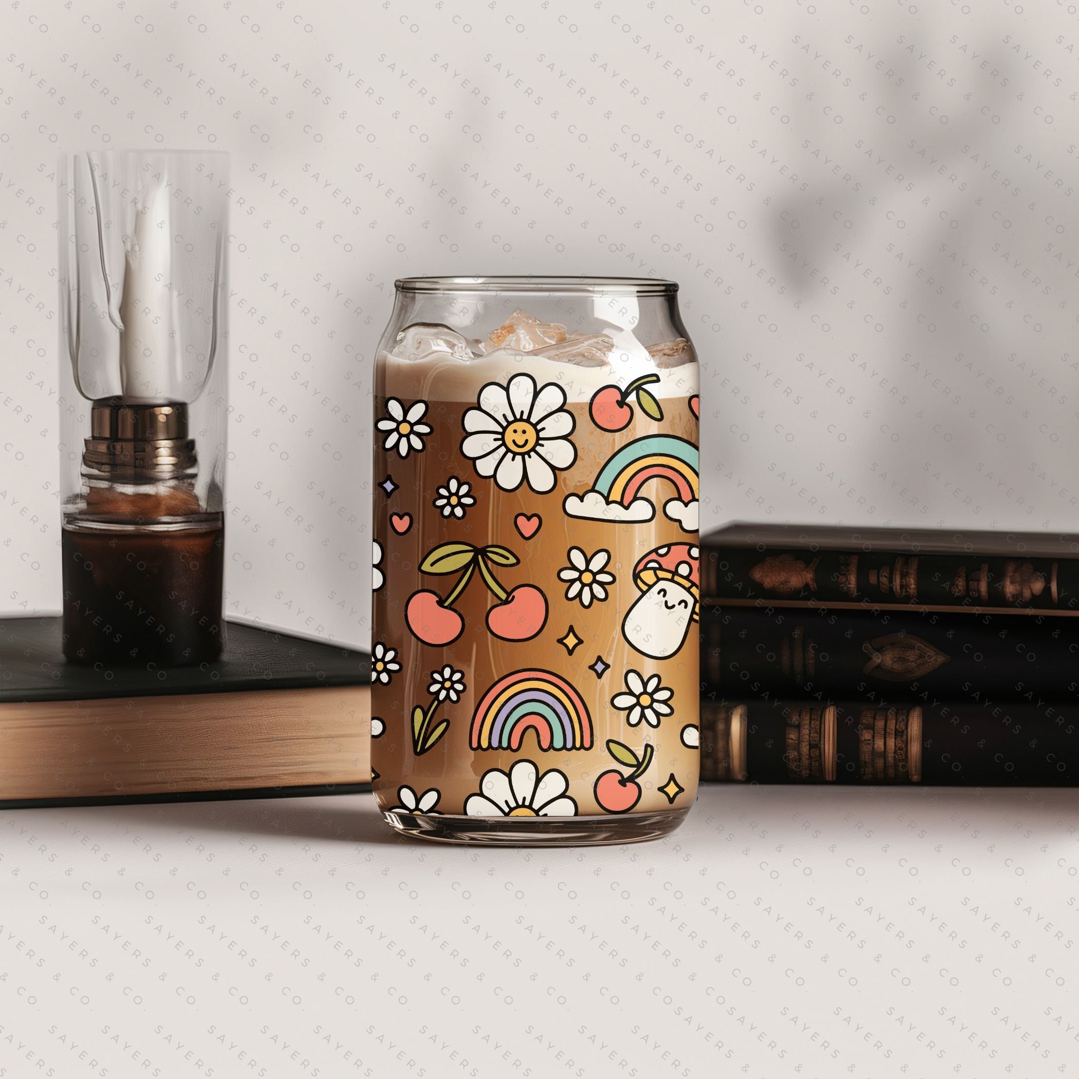 16oz Summer Groovy Glass Cup with Bamboo Lid and Straw, showcasing a colorful design perfect for summer drinks.