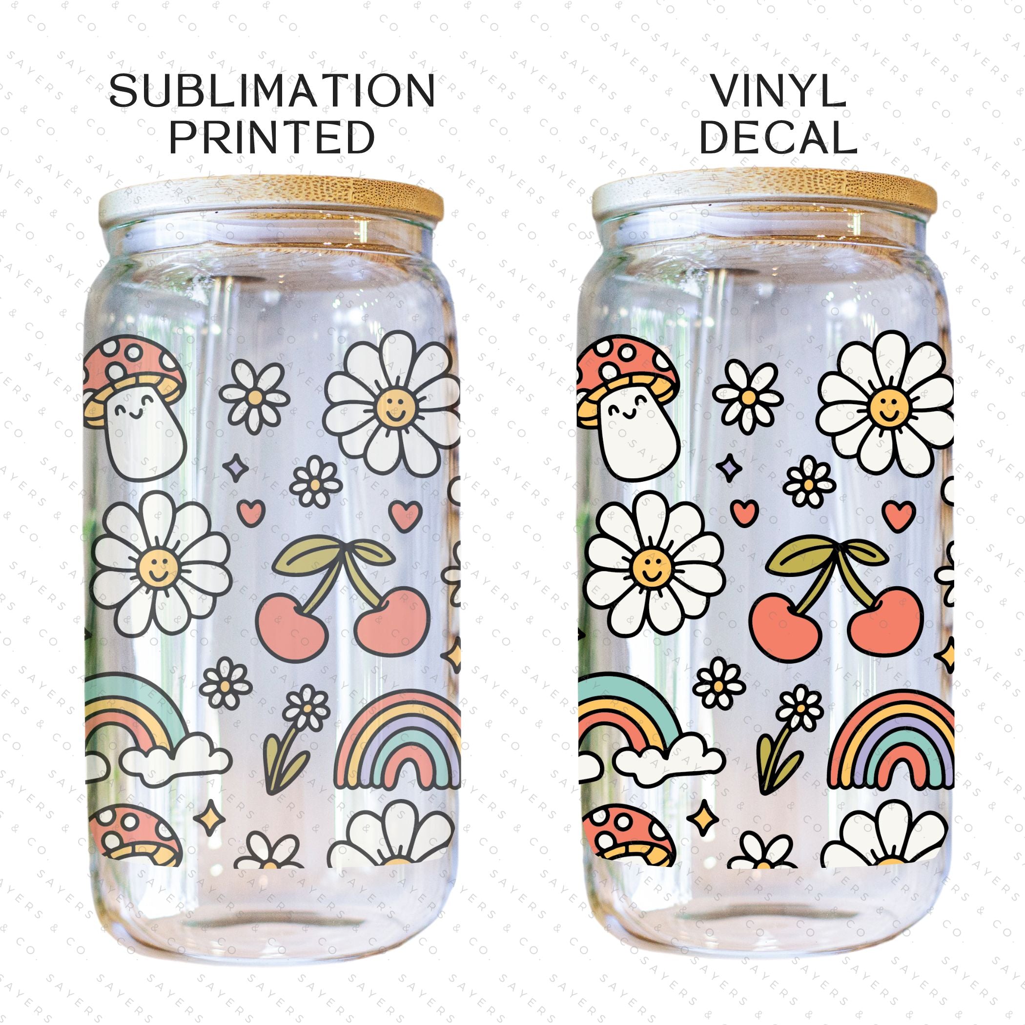 16oz Summer Groovy Glass Cup with Bamboo Lid and Straw, showcasing a colorful design perfect for summer drinks.