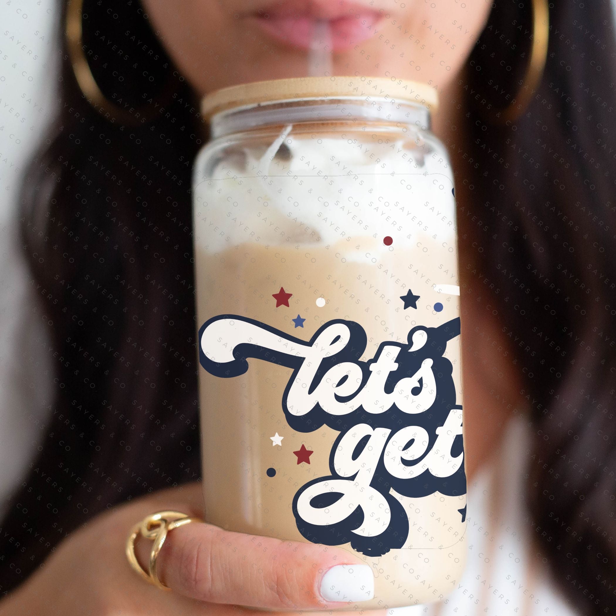 16oz Summer Let's Get Lit Patriotic Glass Cup featuring a bamboo lid and straw, perfect for summer drinks.