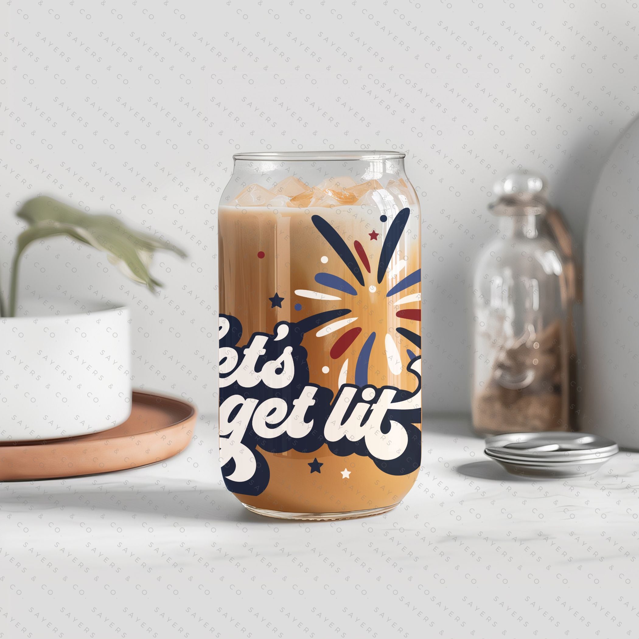 16oz Summer Let's Get Lit Patriotic Glass Cup featuring a bamboo lid and straw, perfect for summer drinks.