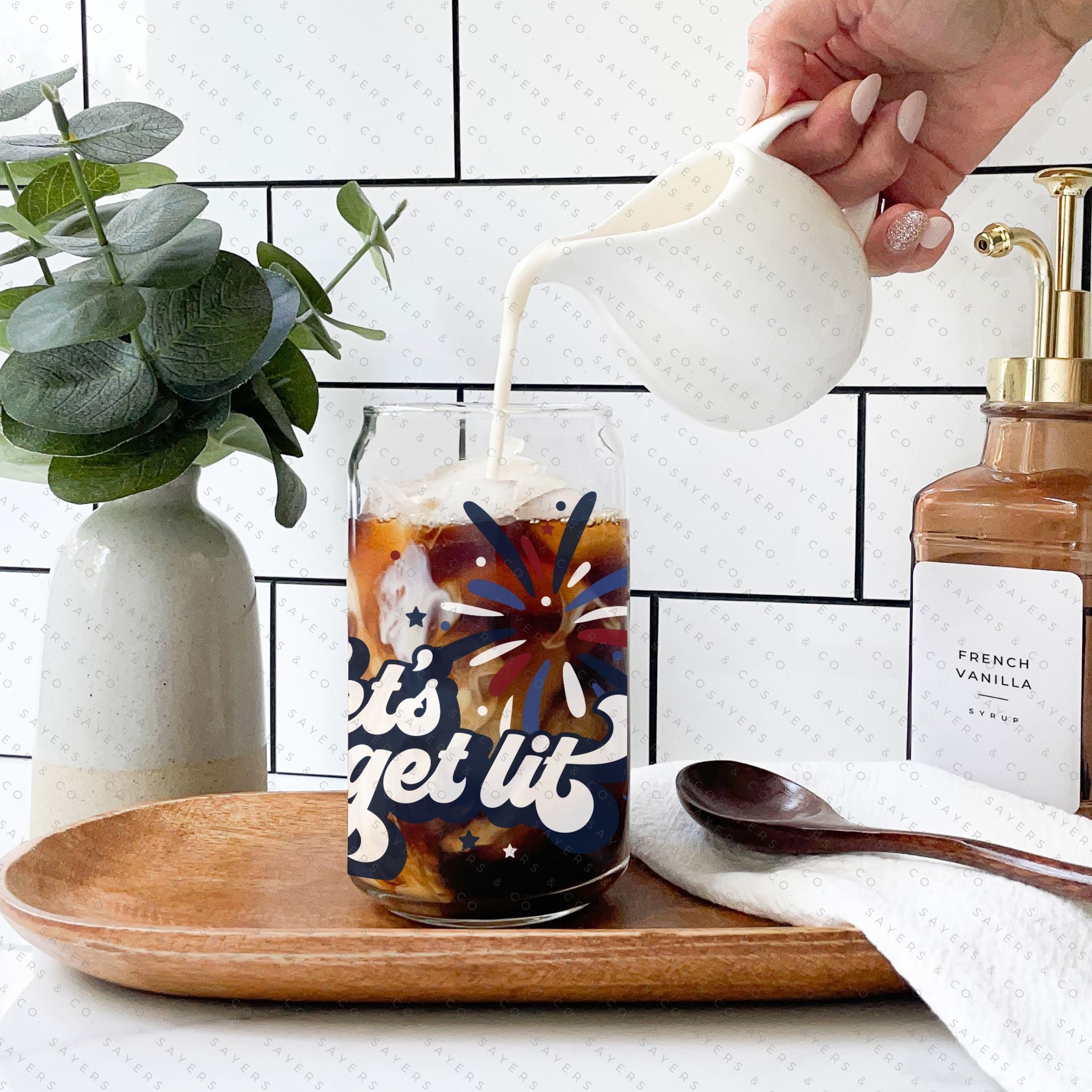 16oz Summer Let's Get Lit Patriotic Glass Cup featuring a bamboo lid and straw, perfect for summer drinks.