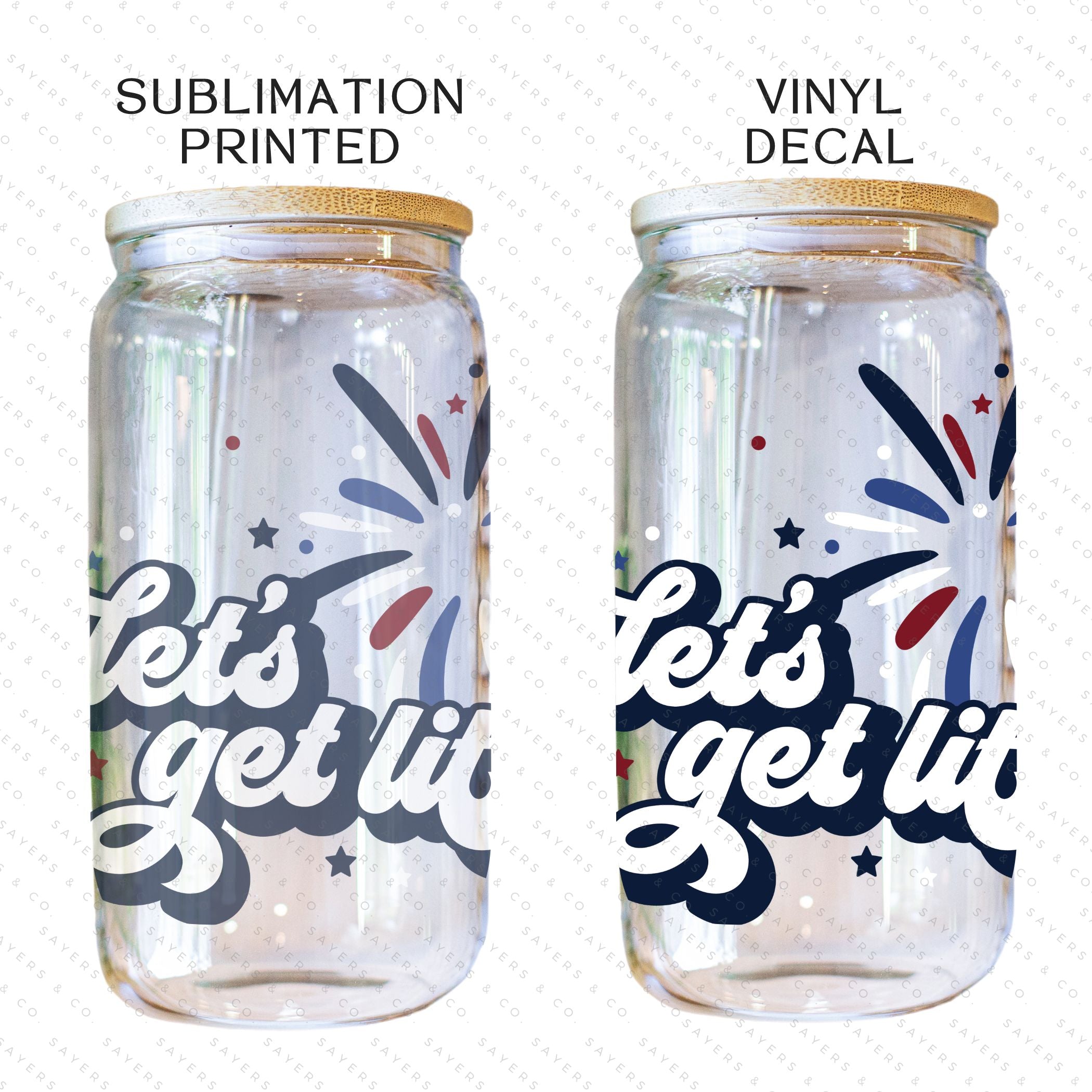 16oz Summer Let's Get Lit Patriotic Glass Cup featuring a bamboo lid and straw, perfect for summer drinks.