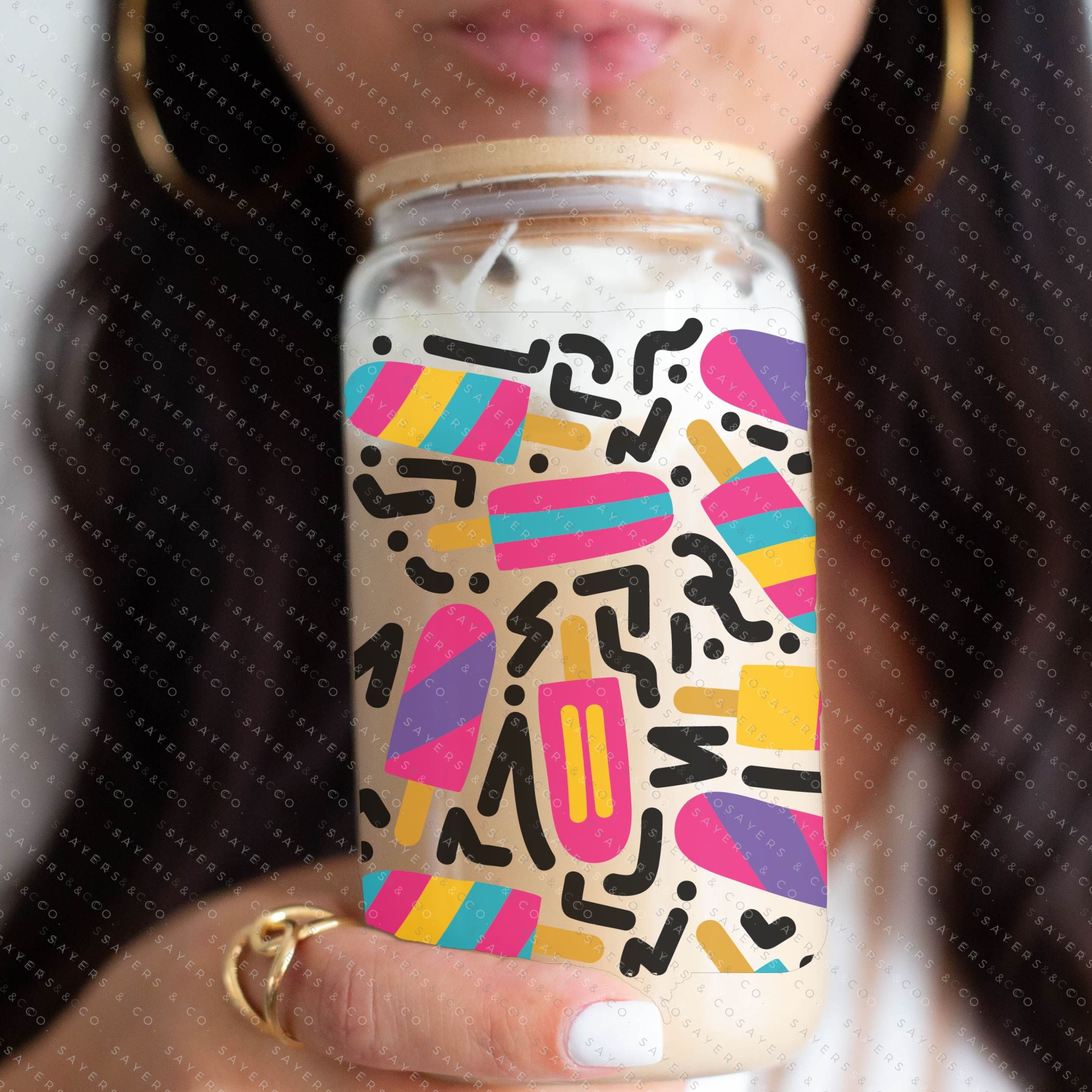 16oz Summer Popsicle Party Glass Cup with Bamboo Lid and Straw, featuring colorful designs perfect for summer drinks.