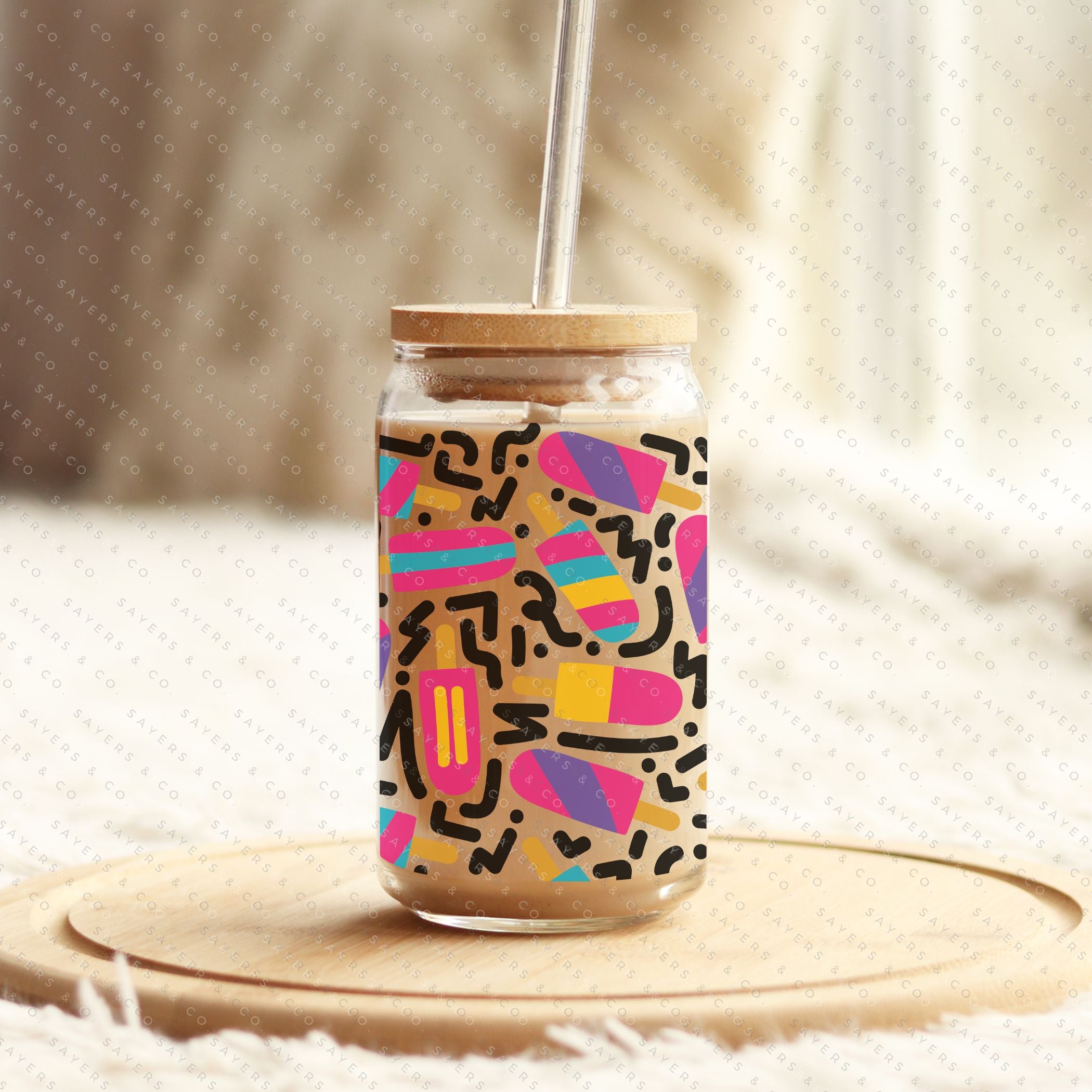 16oz Summer Popsicle Party Glass Cup with Bamboo Lid and Straw, featuring colorful designs perfect for summer drinks.