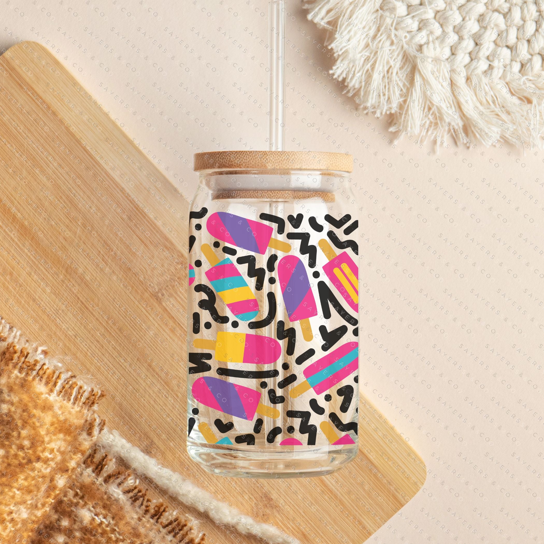 16oz Summer Popsicle Party Glass Cup with Bamboo Lid and Straw, featuring colorful designs perfect for summer drinks.
