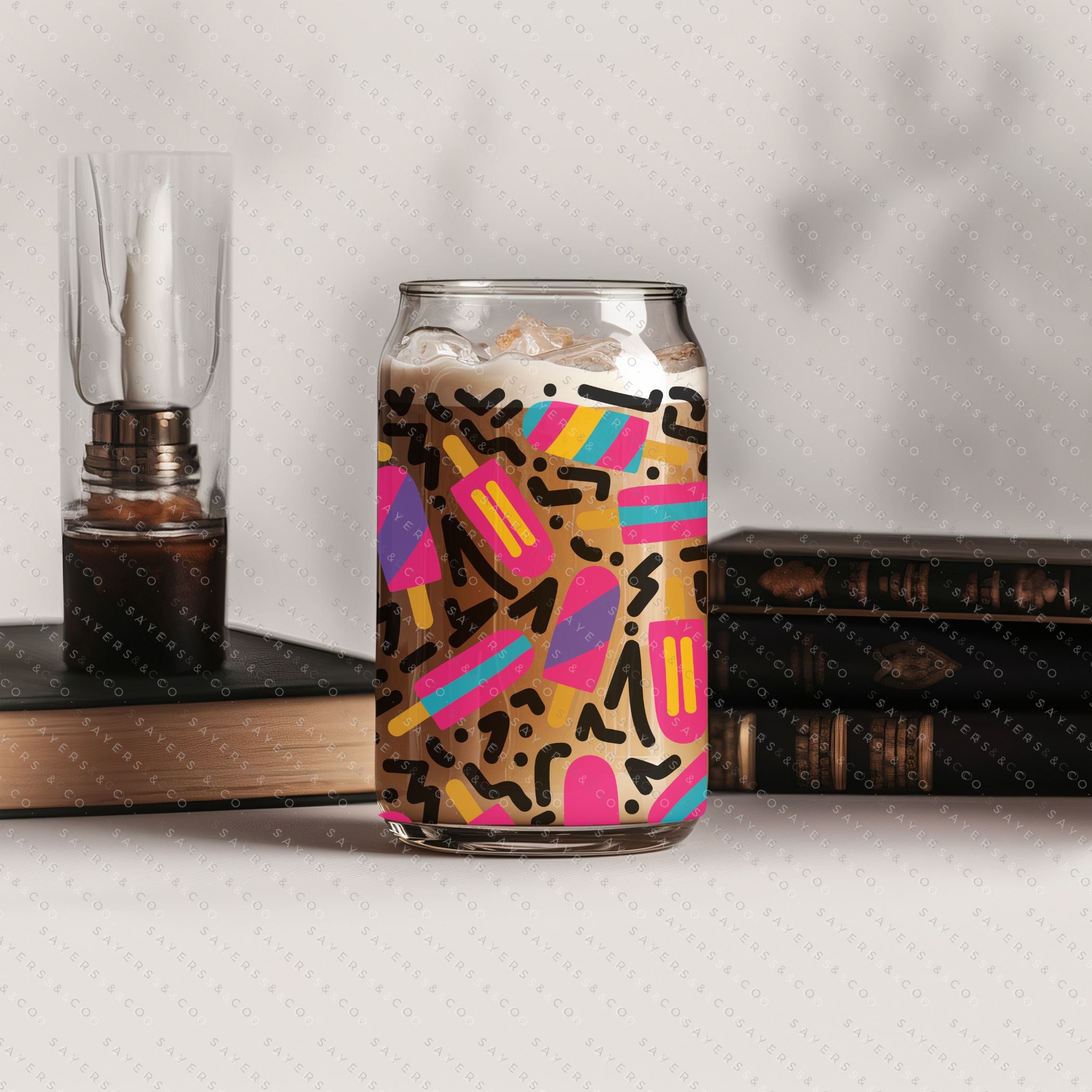 16oz Summer Popsicle Party Glass Cup with Bamboo Lid and Straw, featuring colorful designs perfect for summer drinks.