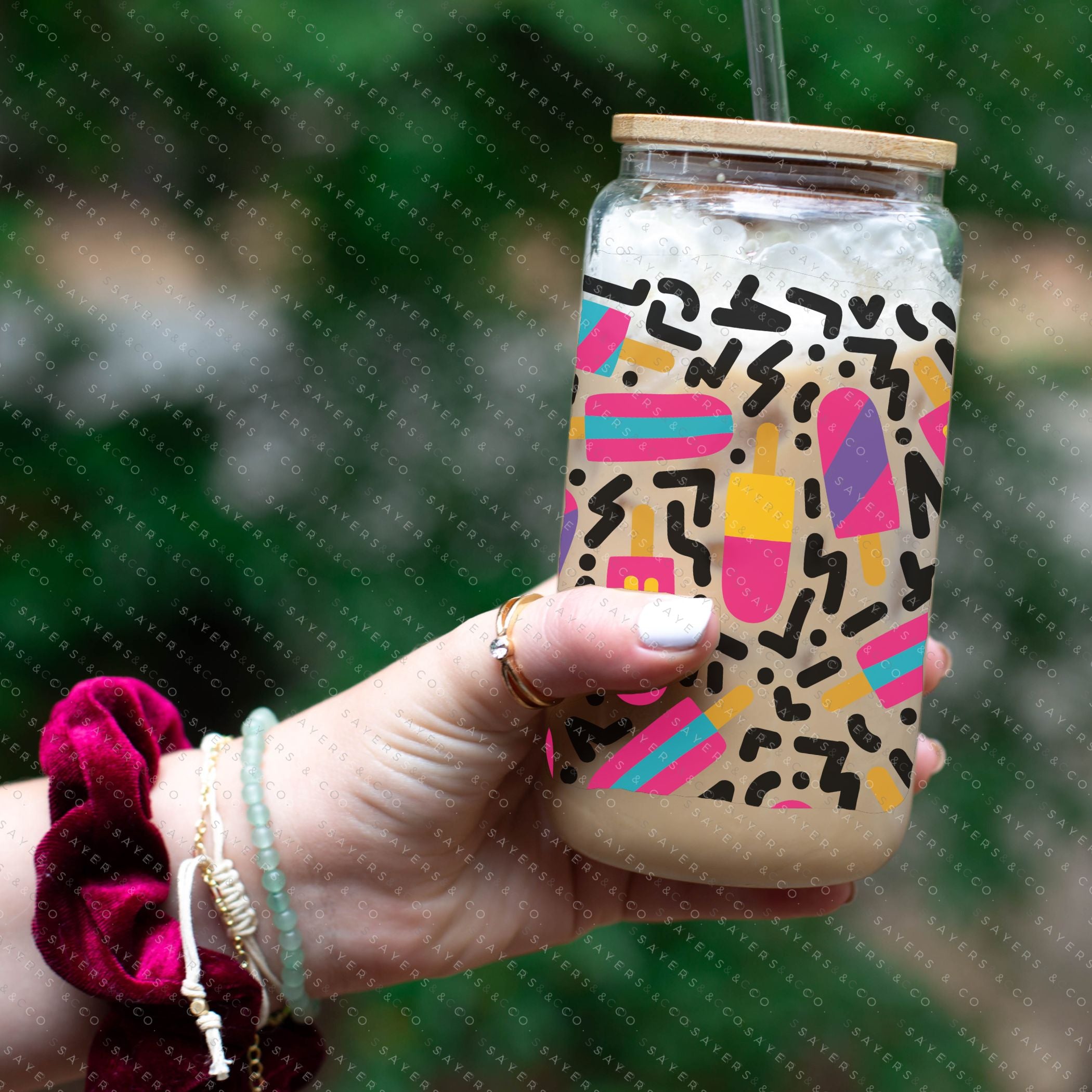 16oz Summer Popsicle Party Glass Cup with Bamboo Lid and Straw, featuring colorful designs perfect for summer drinks.