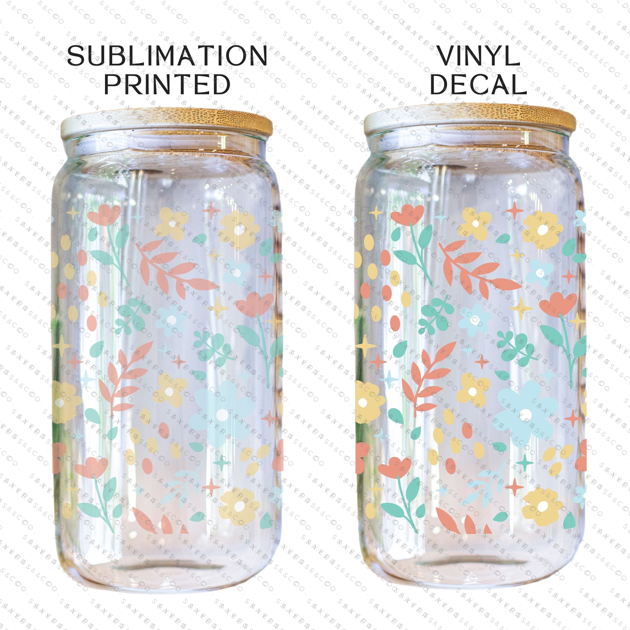 16oz Sweet Spring Glass Cup featuring a bamboo lid and straw, adorned with a floral design, perfect for beverages.