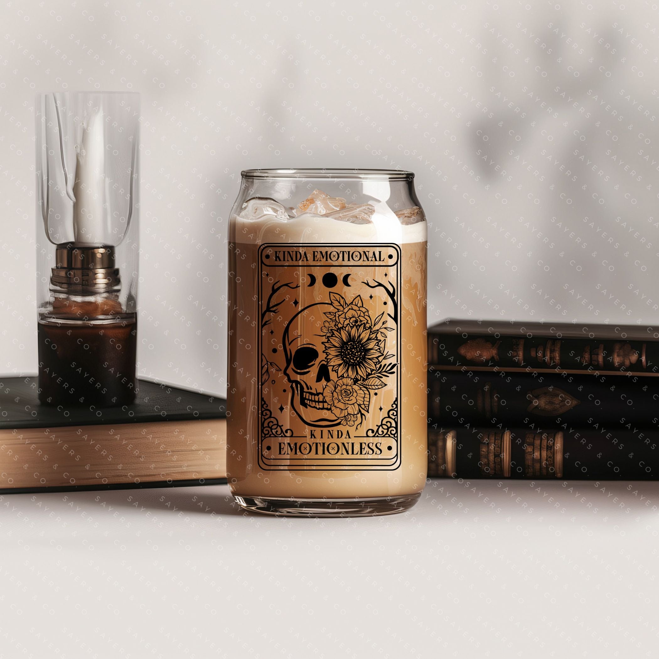 16oz Tarot Card Emotionless Glass Cup with bamboo lid and straw, featuring a mystical design perfect for beverages.