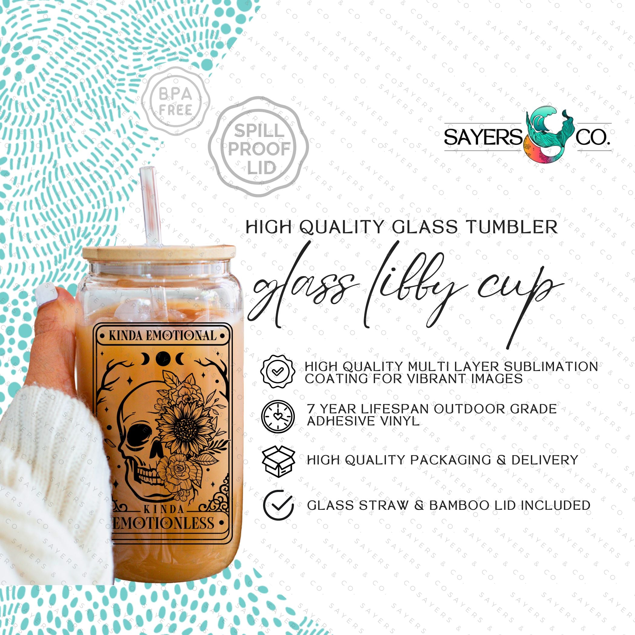 16oz Tarot Card Emotionless Glass Cup with bamboo lid and straw, featuring a mystical design perfect for beverages.