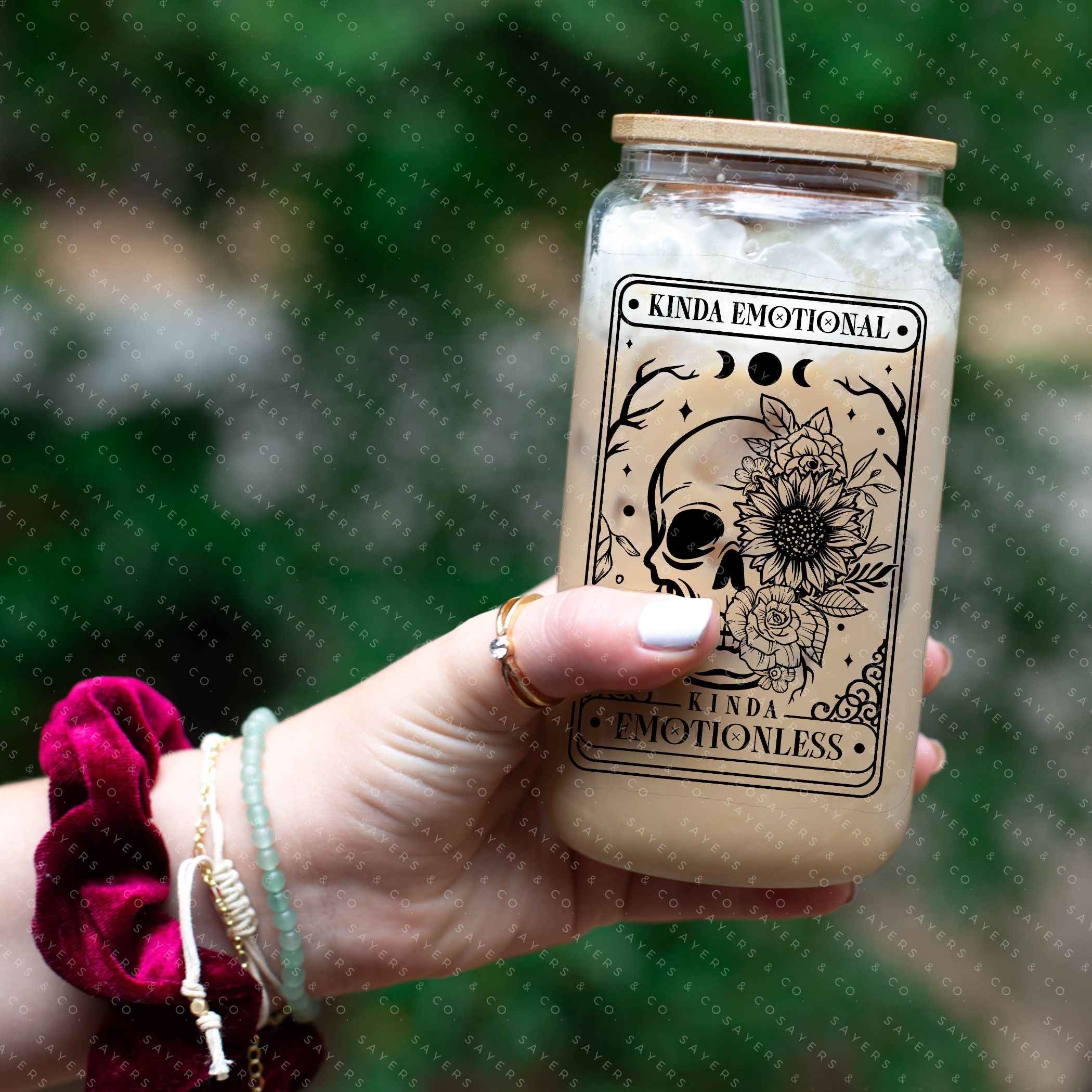 16oz Tarot Card Emotionless Glass Cup with bamboo lid and straw, featuring a mystical design perfect for beverages.