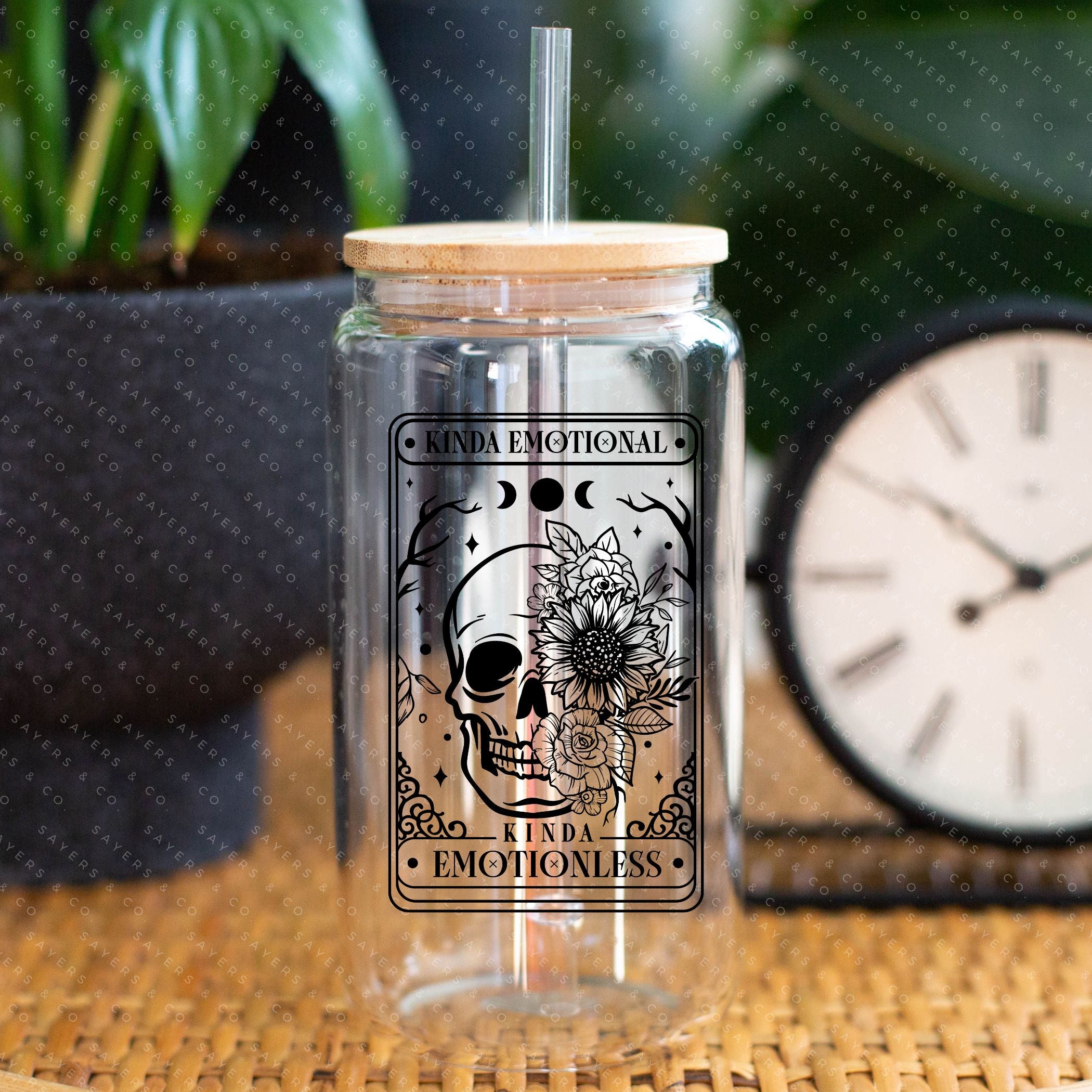 16oz Tarot Card Emotionless Glass Cup with bamboo lid and straw, featuring a mystical design perfect for beverages.