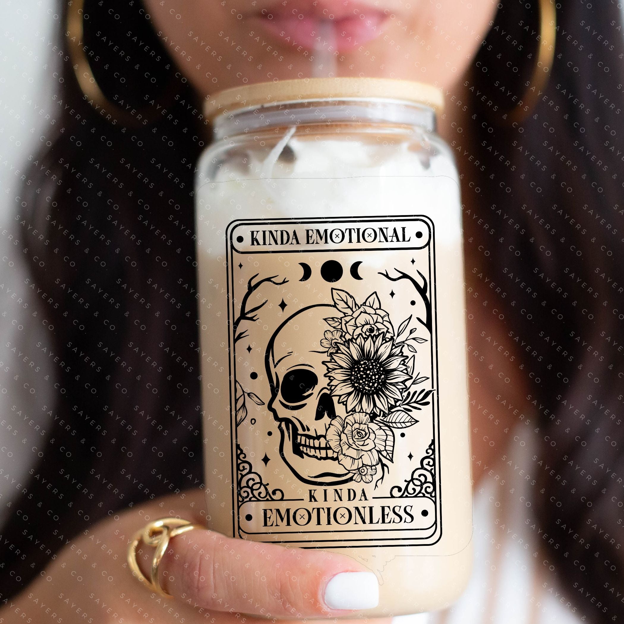 16oz Tarot Card Emotionless Glass Cup with bamboo lid and straw, featuring a mystical design perfect for beverages.