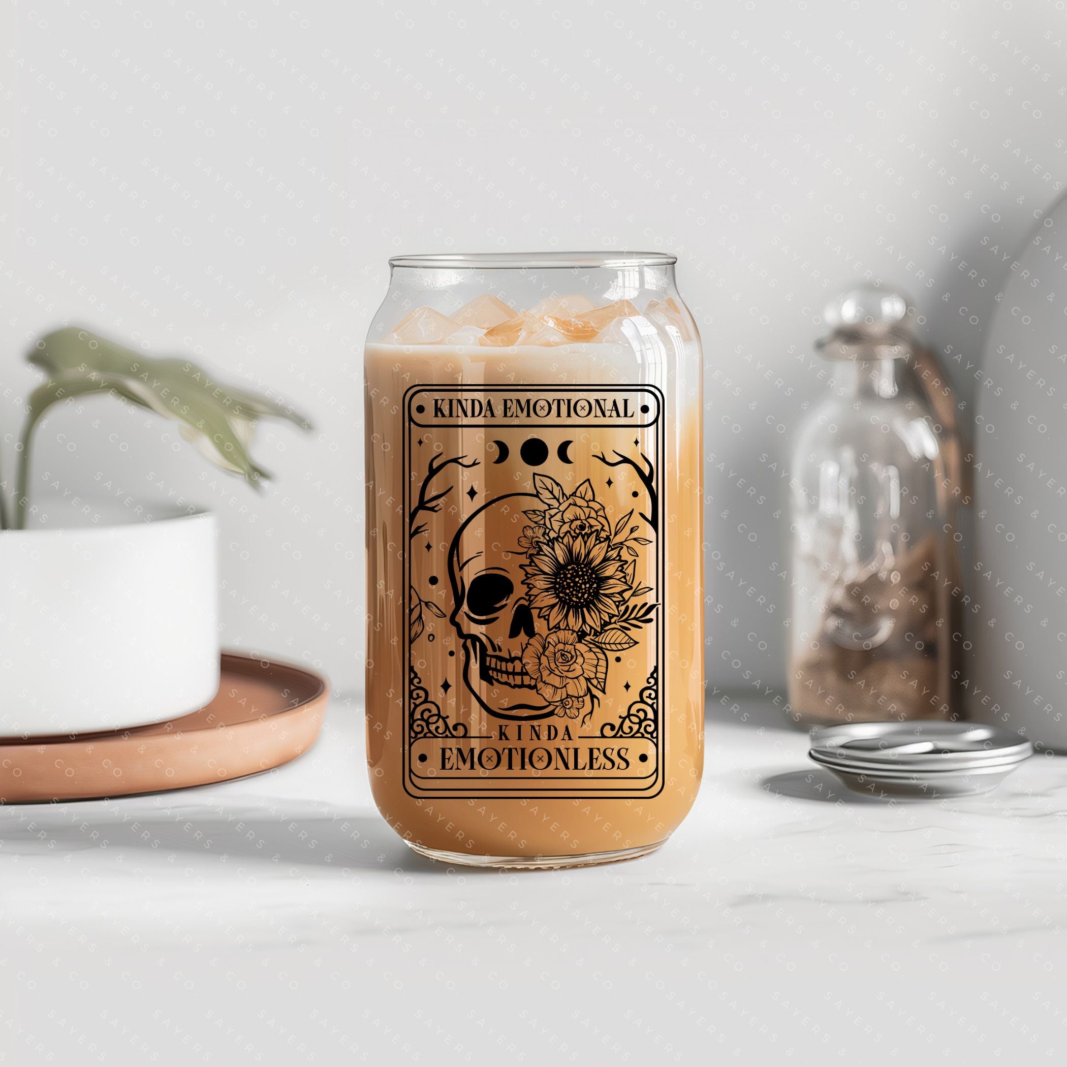 16oz Tarot Card Emotionless Glass Cup with bamboo lid and straw, featuring a mystical design perfect for beverages.