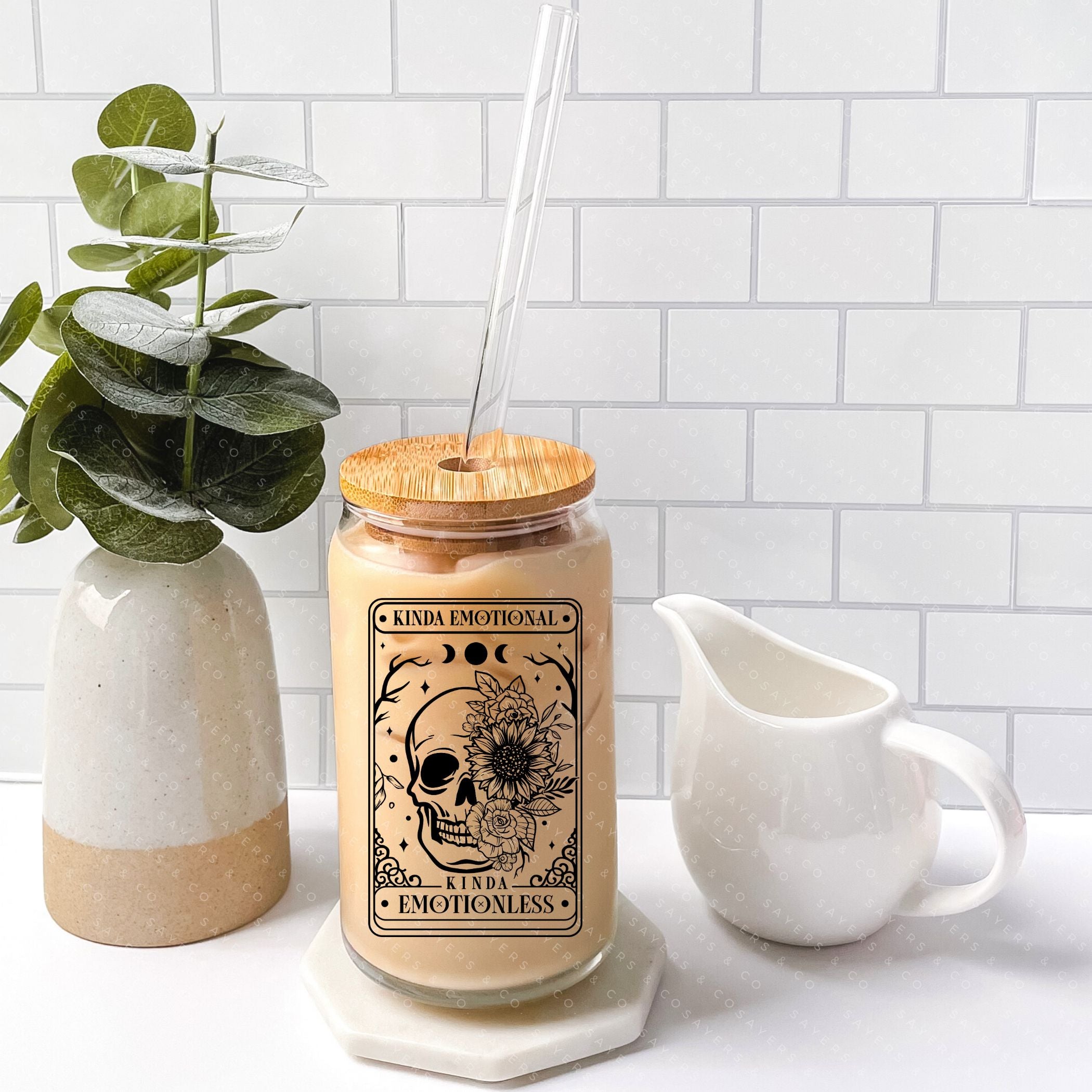 16oz Tarot Card Emotionless Glass Cup with bamboo lid and straw, featuring a mystical design perfect for beverages.